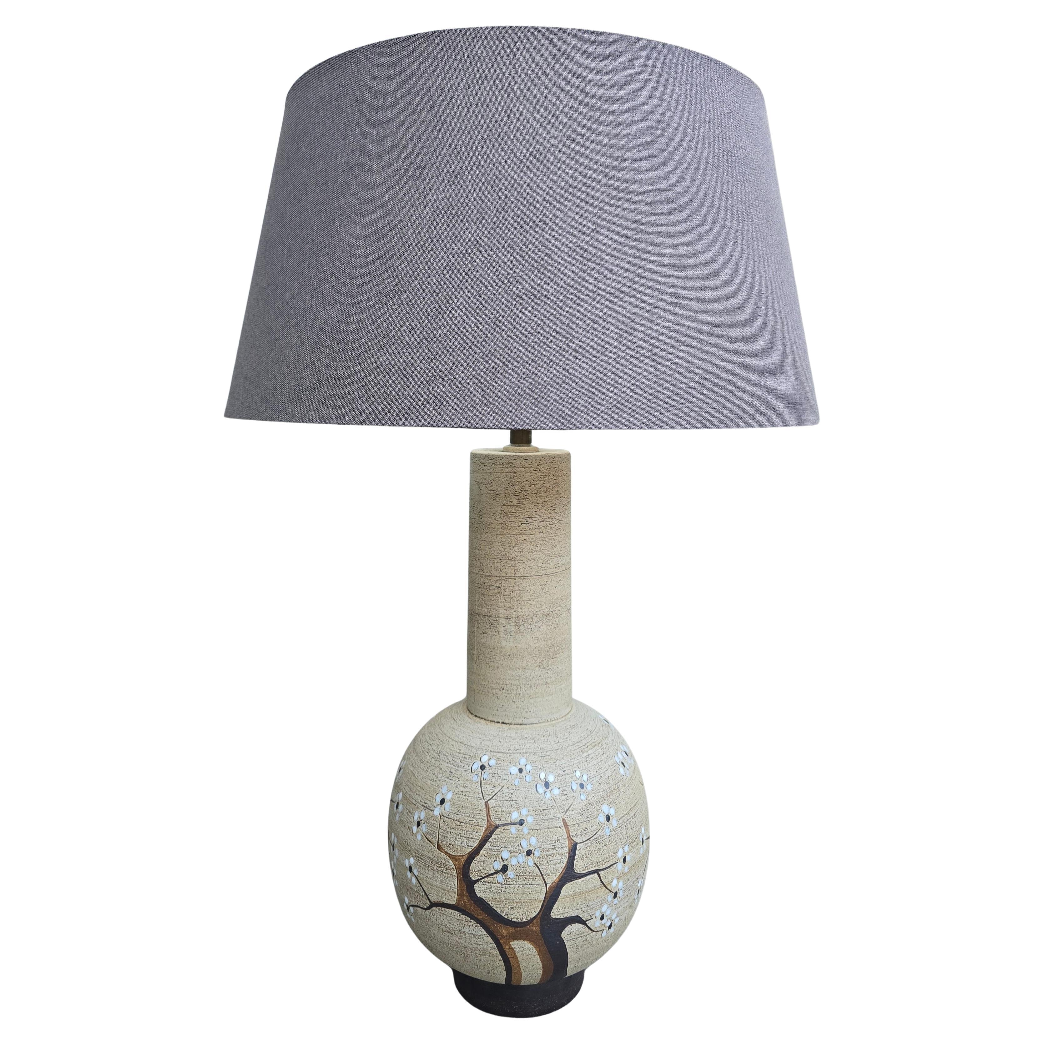 Studio Pottery Table Lamp with Hand-Decorated Blossom Motif, Signed, 1970s For Sale