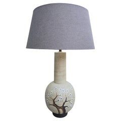 Studio Pottery Table Lamp with Hand-Decorated Blossom Motif, Signed, 1970s