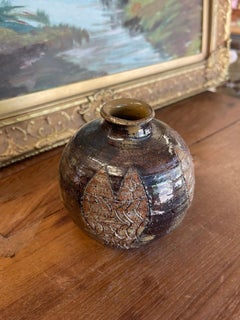 Studio Pottery Vase by Nelson with Incised Geometric Motifs and Earthy Glaze.