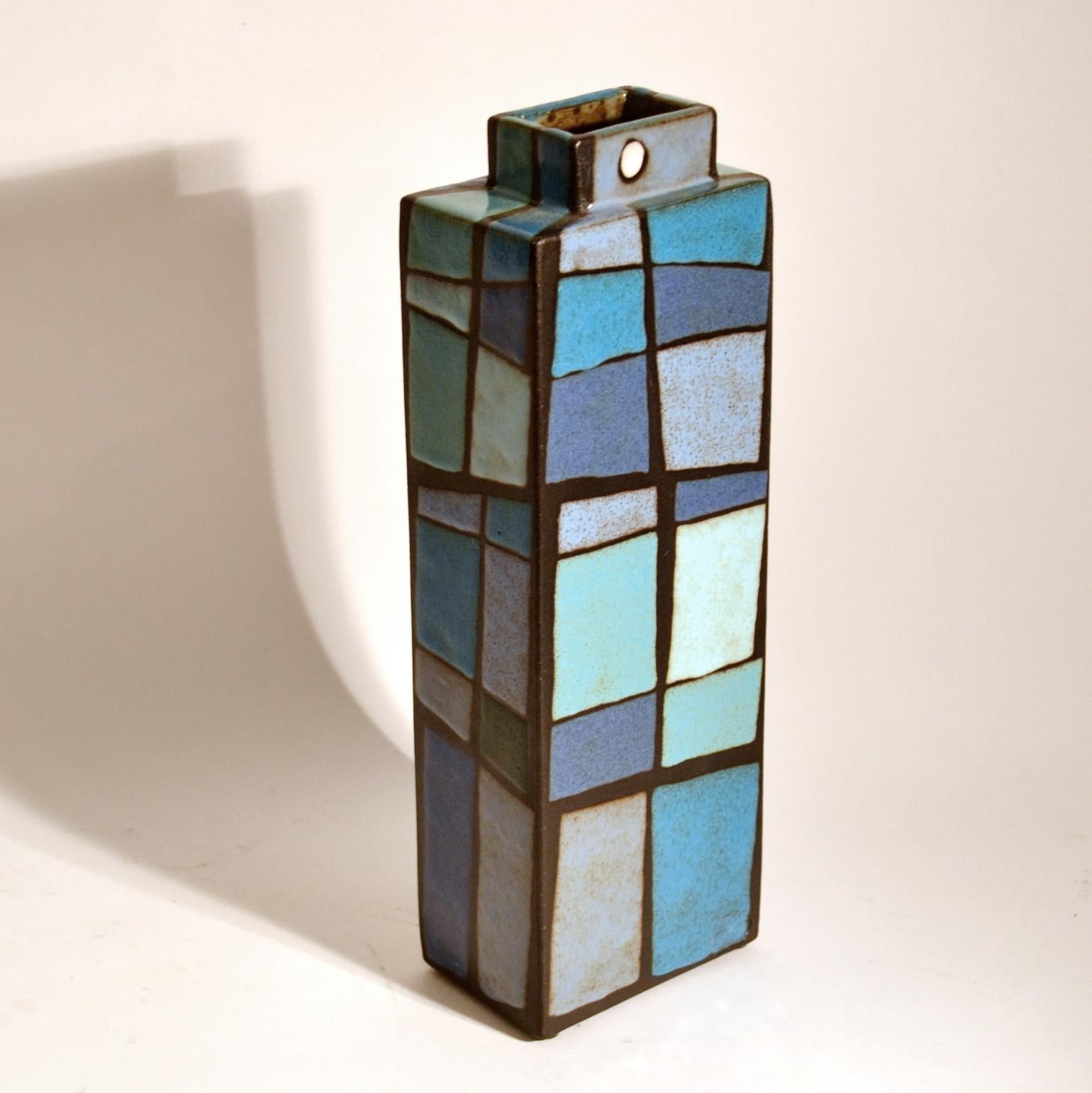Mid-Century Modern Geometric Studio Pottery Vase in Blue Squares For Sale