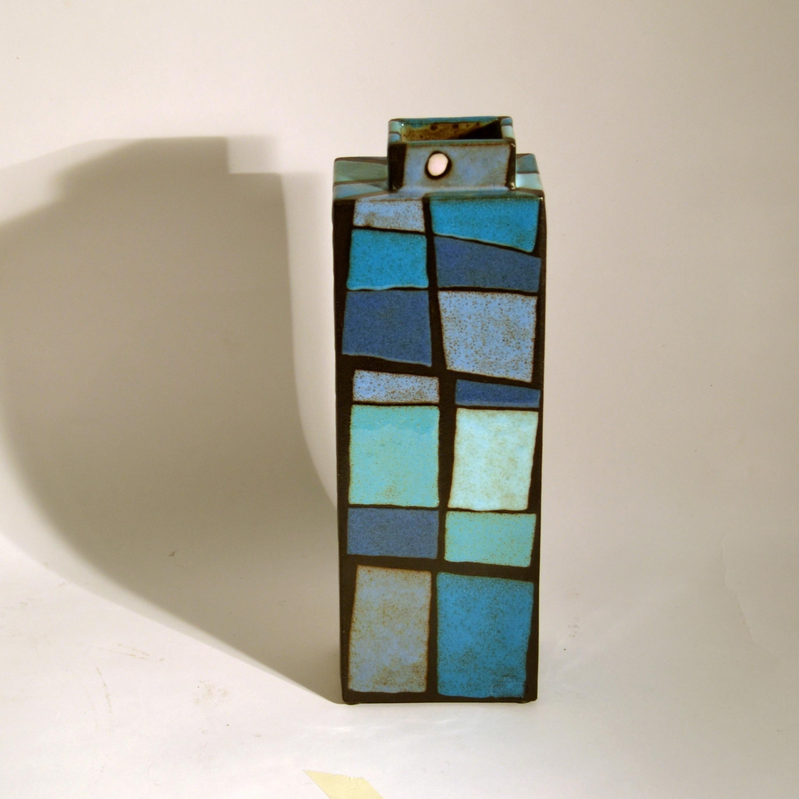 European Geometric Studio Pottery Vase in Blue Squares For Sale