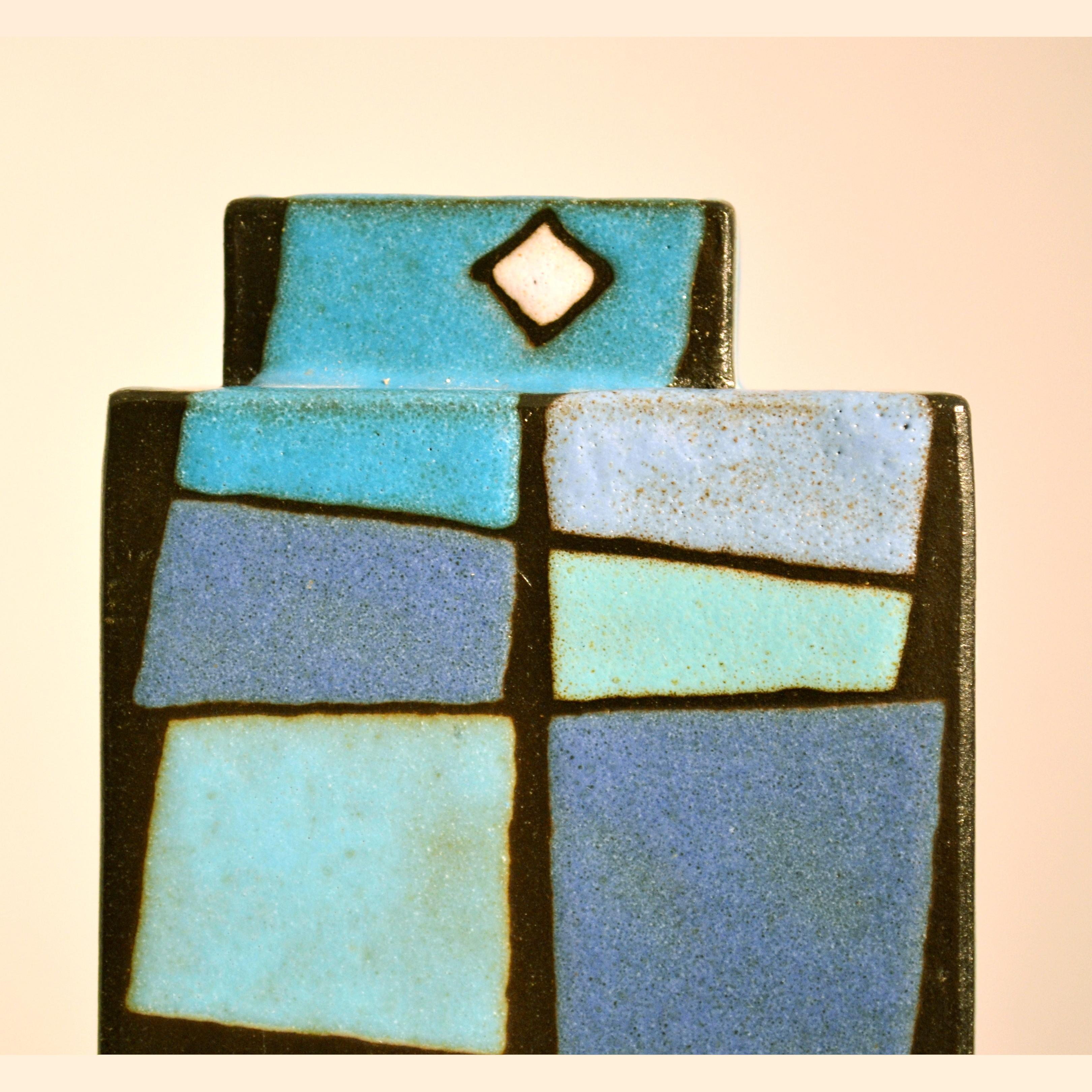 Hand-Crafted Geometric Studio Pottery Vase in Blue Squares For Sale