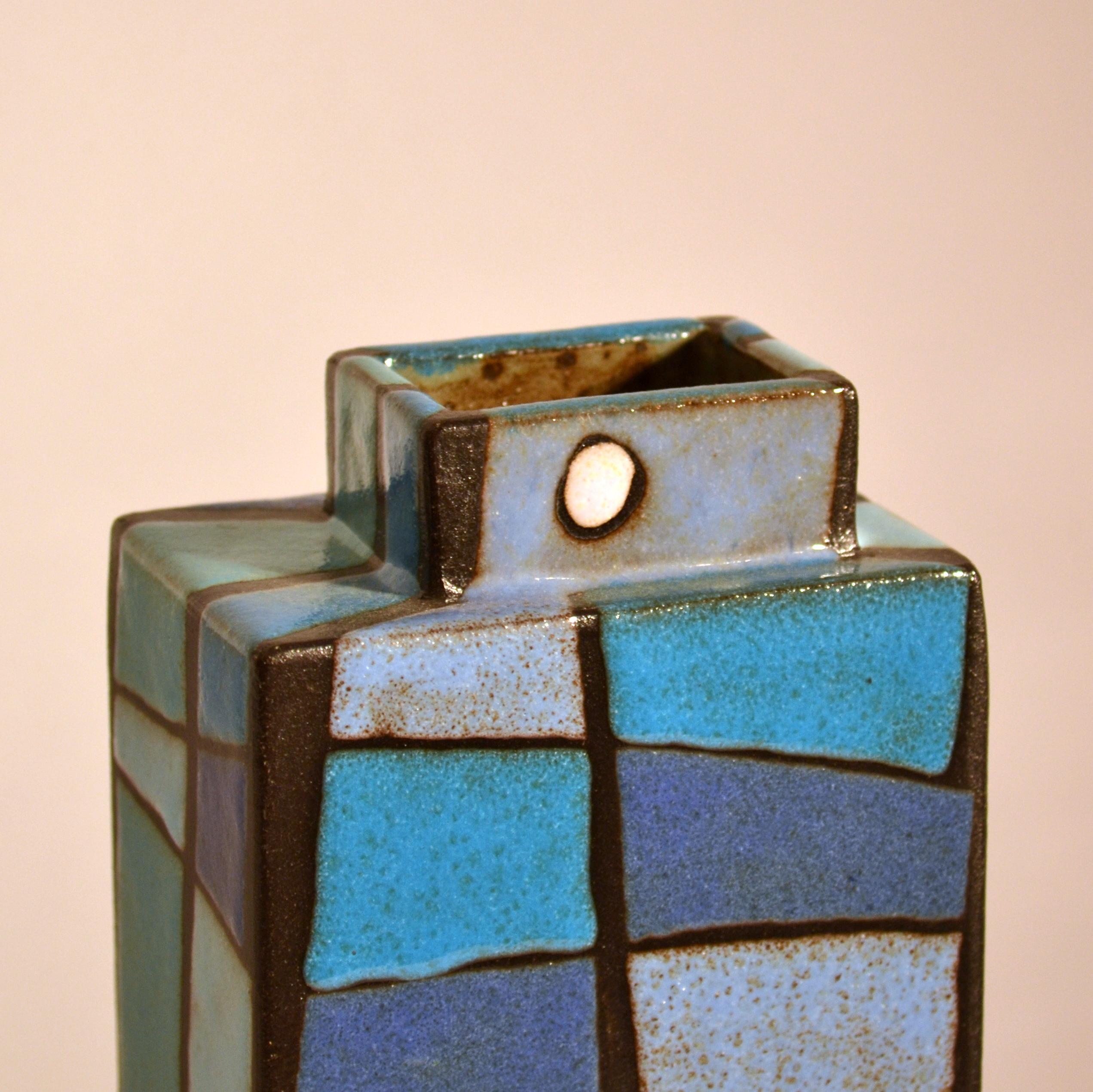 Ceramic Geometric Studio Pottery Vase in Blue Squares For Sale