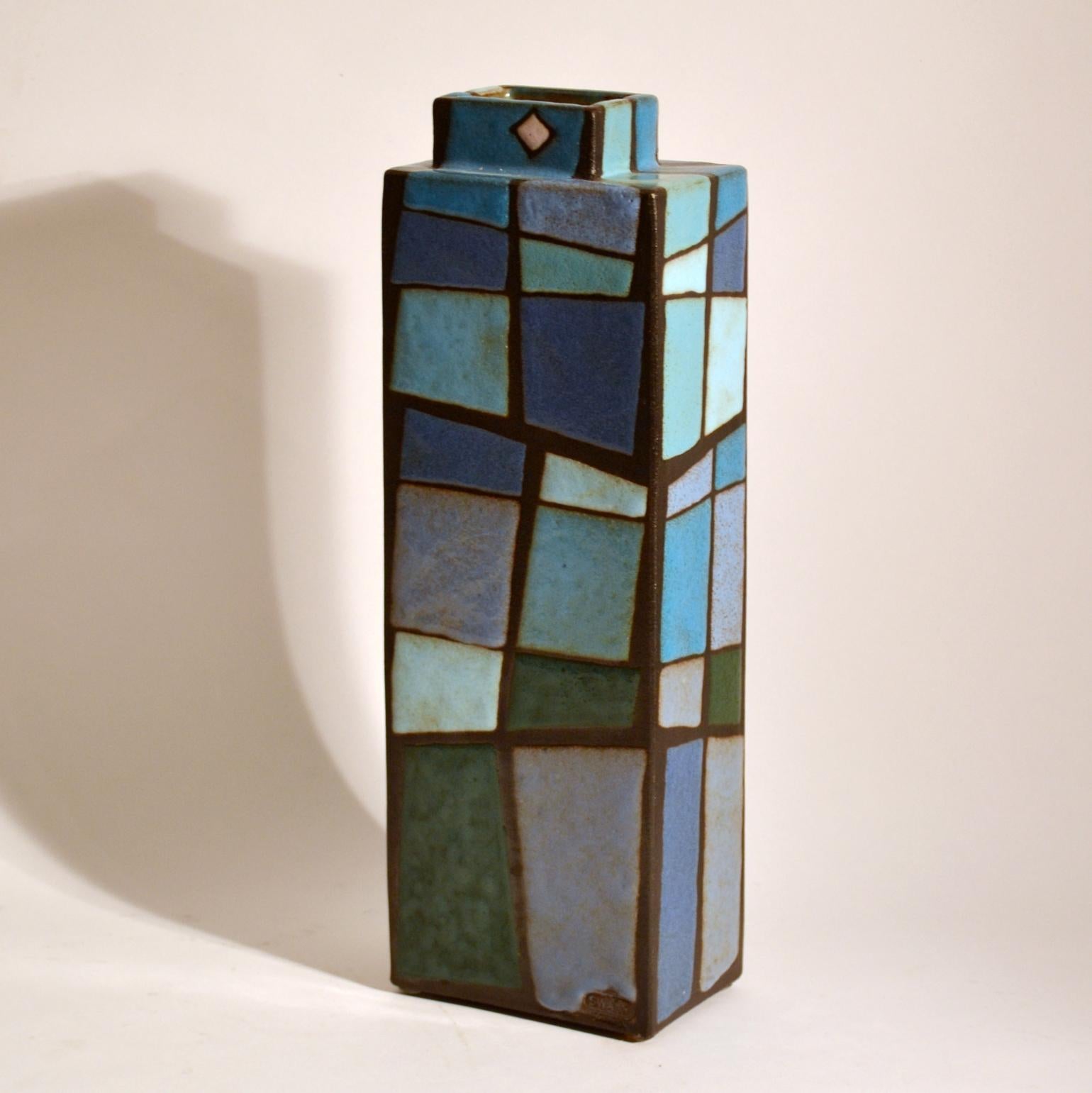 Geometric Studio Pottery Vase in Blue Squares For Sale 1