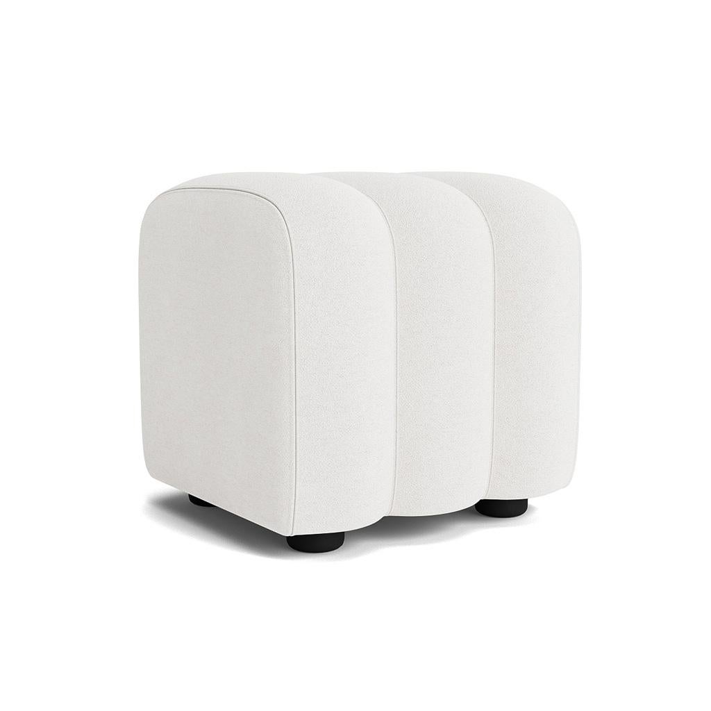 Studio Pouf by NORR11
Dimensions: D 47 x W 48 x H 47 cm. SH 47 cm. 
Materials: Foam, plastic, wood and upholstery.
Upholstery: Barnum Boucle Col. 1. 
Weight: 7 kg.

Available in different upholstery options. Wood structure with belts, various foam