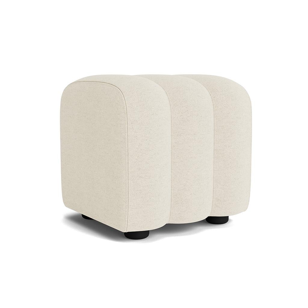 Studio Pouf by NORR11
Dimensions: D 47 x W 48 x H 47 cm. SH 47 cm. 
Materials: Foam, plastic, wood and upholstery.
Upholstery: Barnum Boucle Col. 24. 
Weight: 7 kg.

Available in different upholstery options. Wood structure with belts, various foam