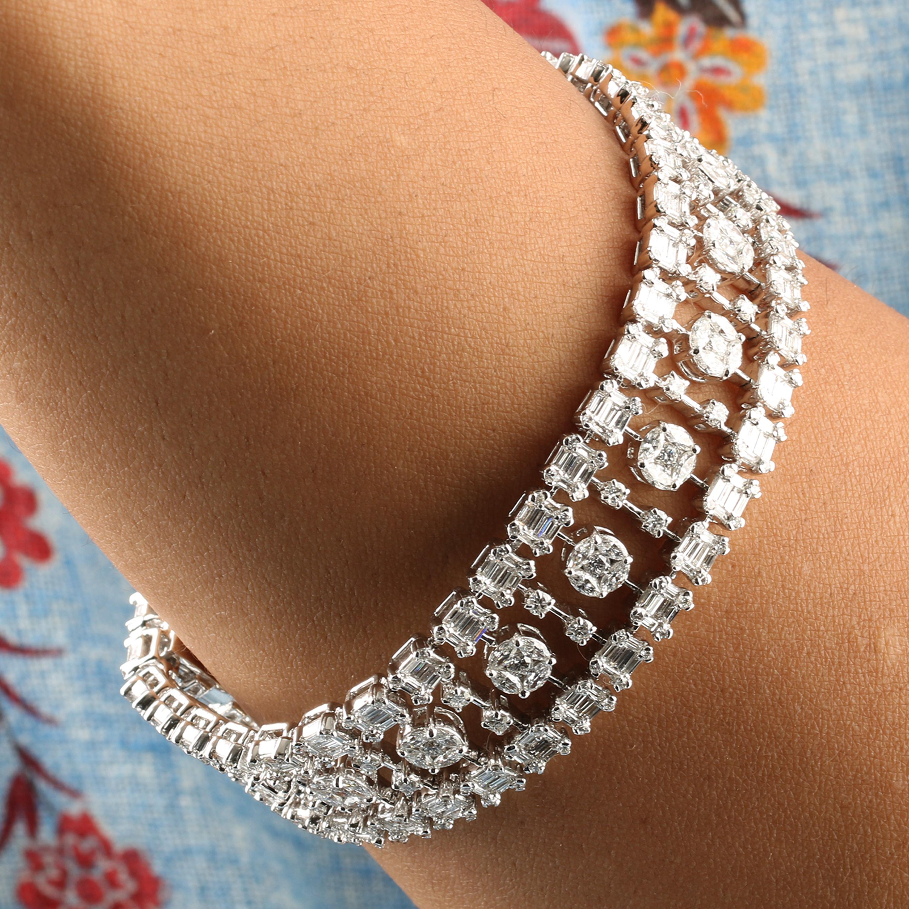 Gross Weight: 48.22 Grams
Diamond Weight: 10.49 cts
Size: 7 Inch (Length of Tennis Bracelet)
IGI Certification can be done on request.

Video of the product can be shared on request.

This bracelet crafted using 18 Karat white gold and studded with