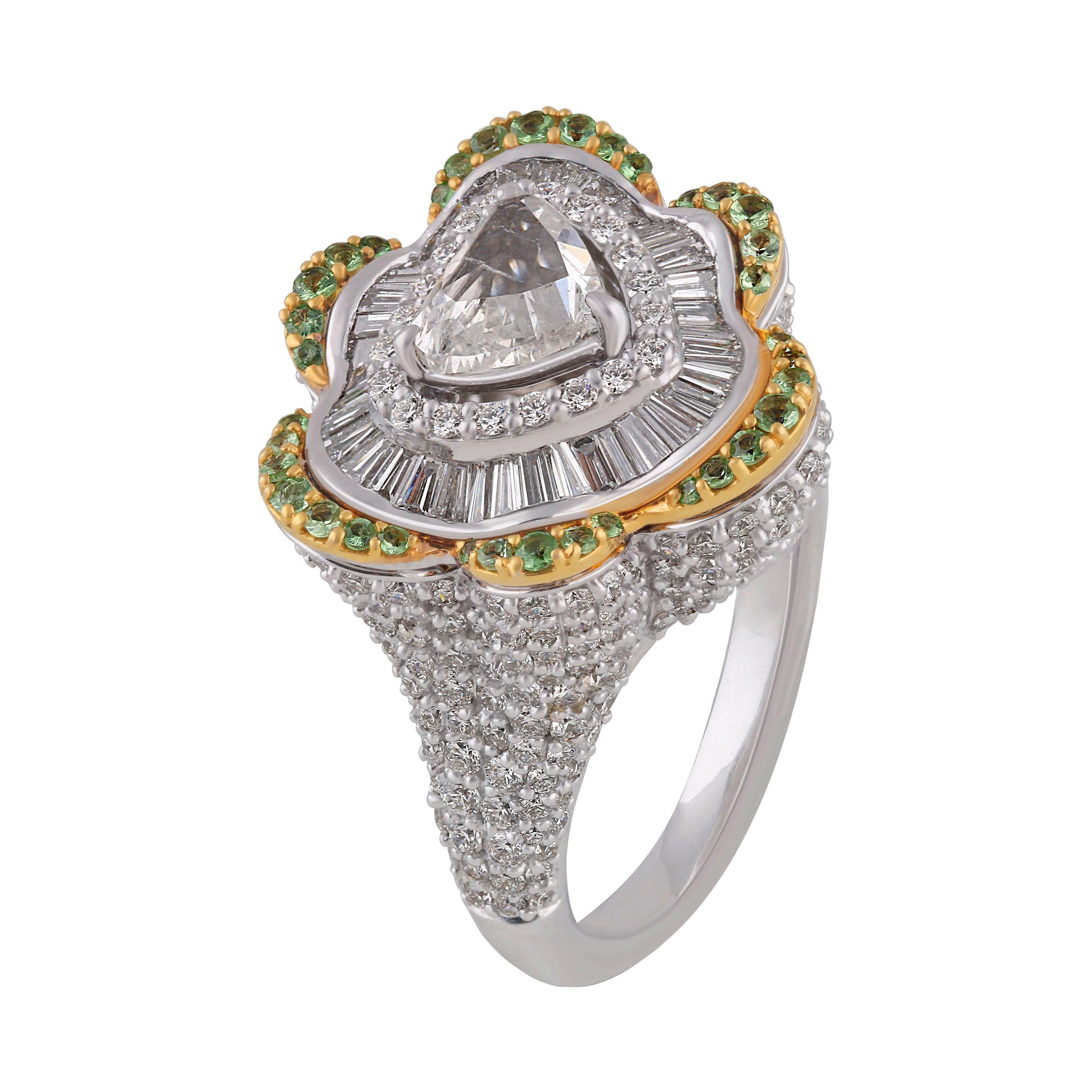 Studio Rêves 1.08 Carat Rose Cut Diamond and Tsavorites Heart Ring in 18k Gold For Sale