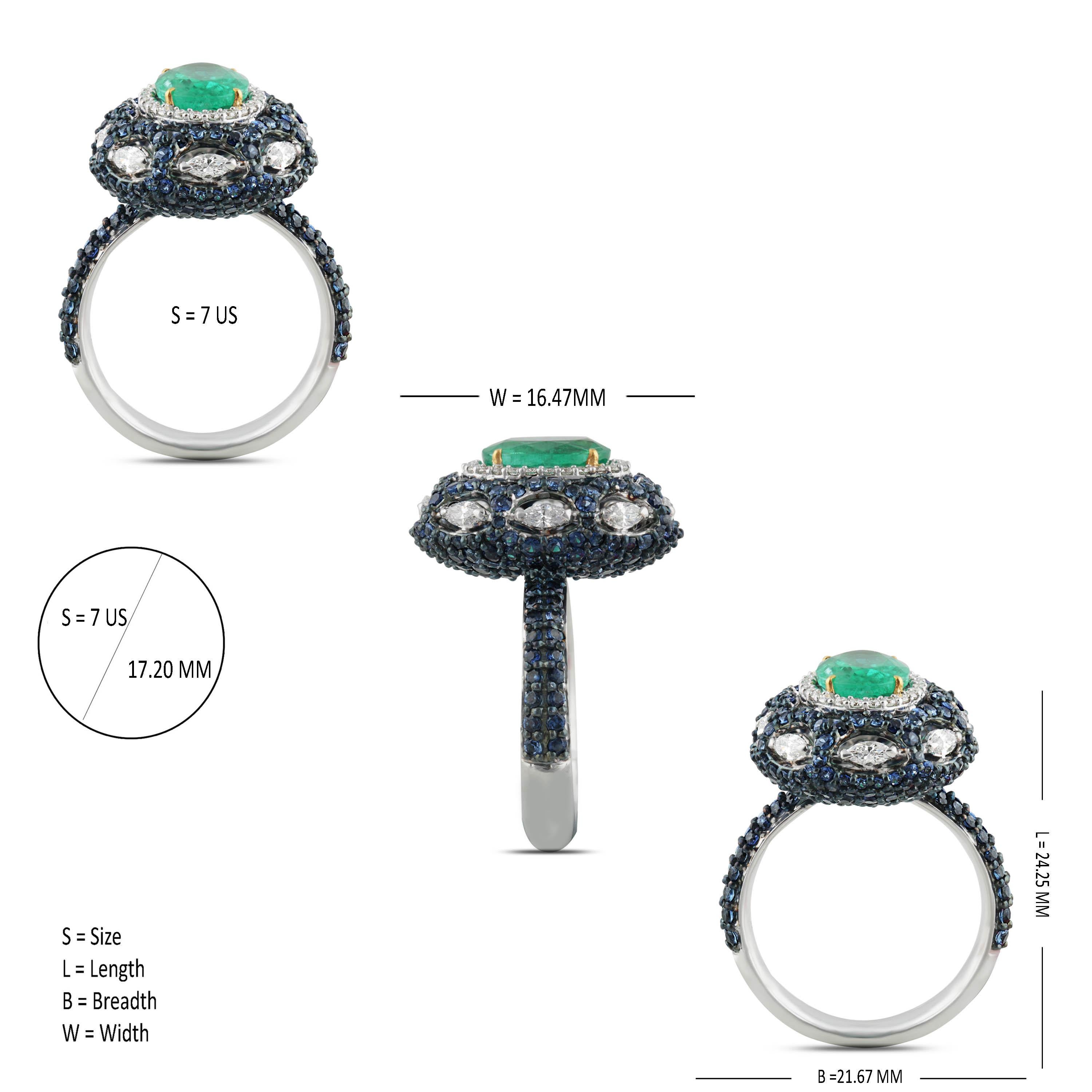 Contemporary Studio Rêves 1.73 Oval Emerald with Diamonds and Blue Sapphire Ring in 18K Gold For Sale