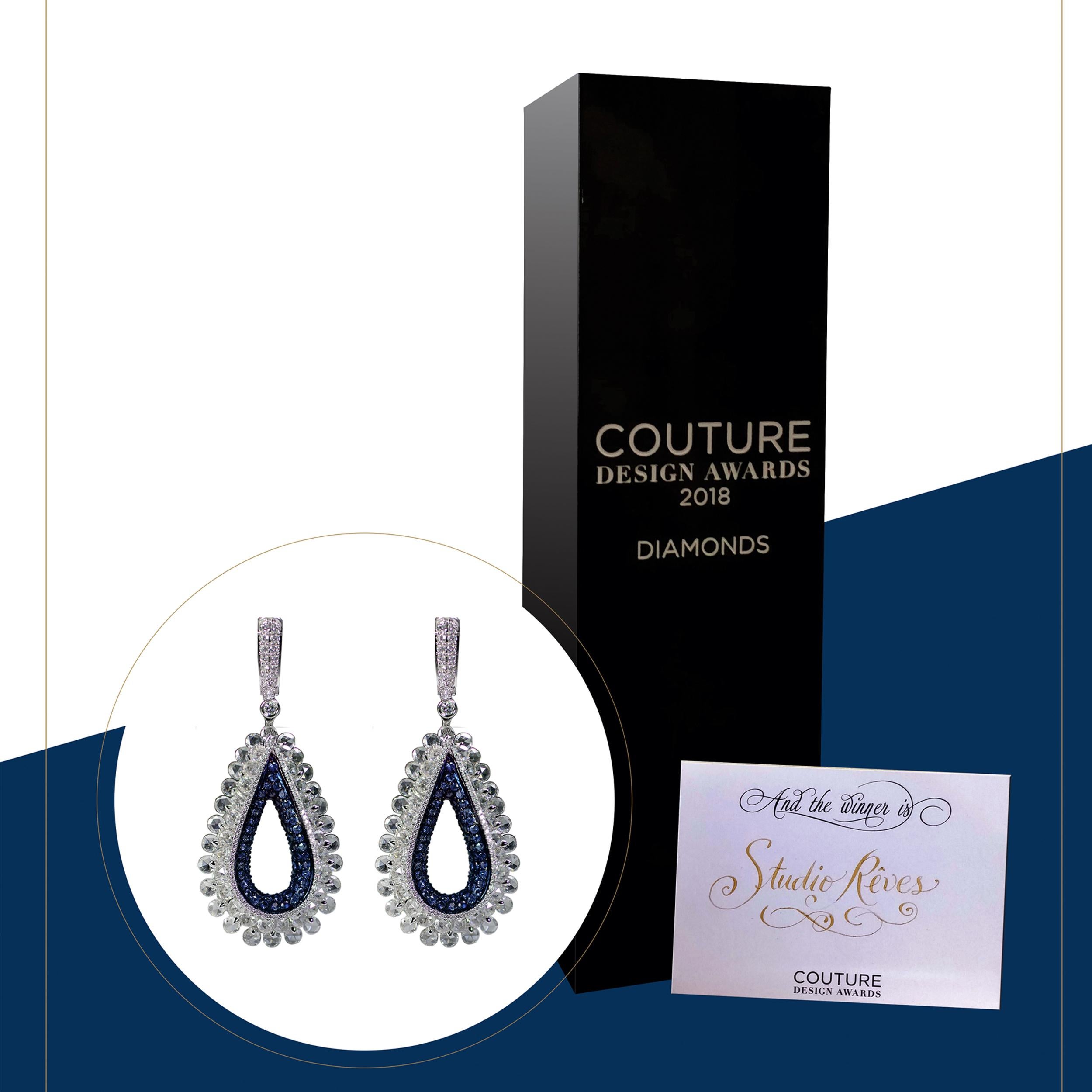 Women's Studio Rêves 18 Karat Diamonds and Blue Sapphire Award Winning Earrings For Sale