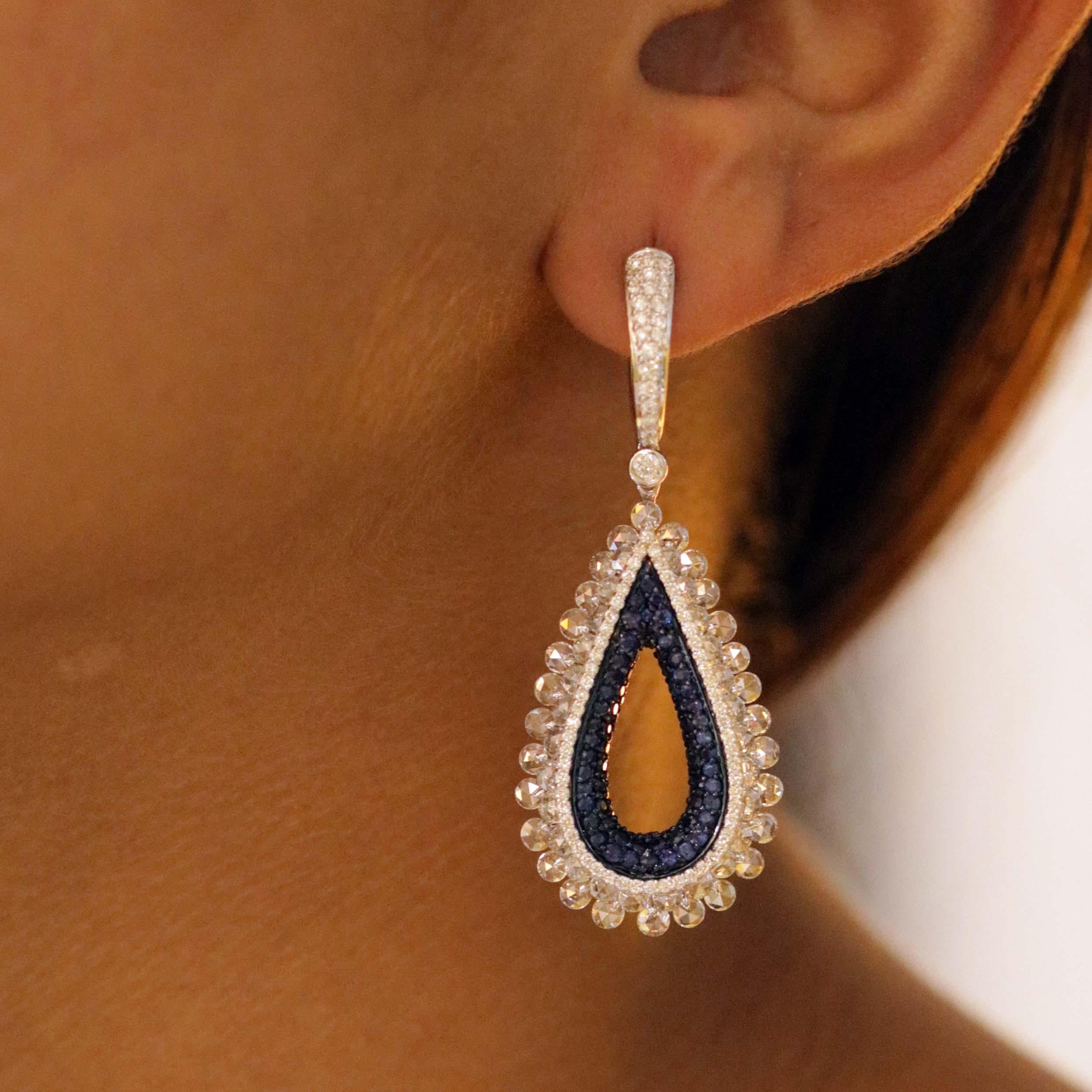 Studio Rêves 18 Karat Diamonds and Blue Sapphire Award Winning Earrings For Sale 2
