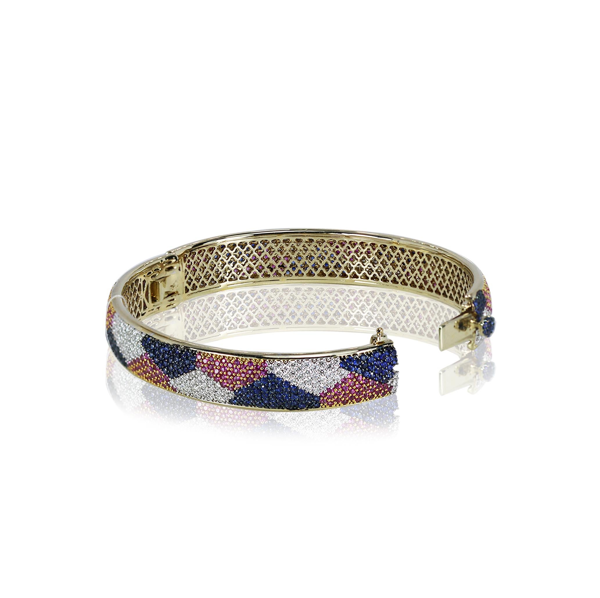 Round Cut Studio Rêves 18 Karat Diamonds and Sapphires Bangle Bracelet For Sale