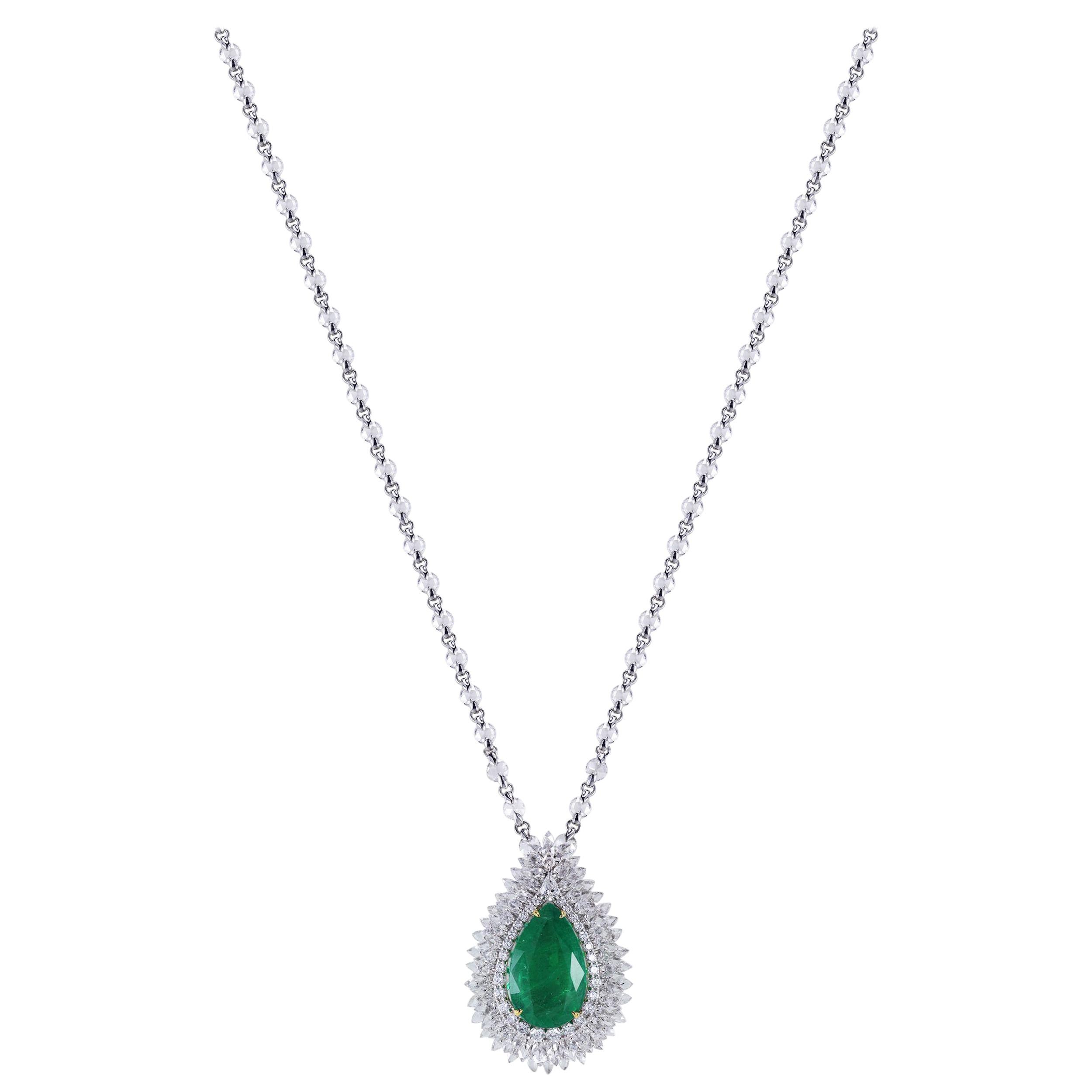 Diamond and emerald necklace

Simple, elegant and effortless is always the ultimate sartorial statement. Achieve that seamlessly with this 18K white gold necklace featuring pear and round rosecut and round brilliant cut diamonds and an emerald set