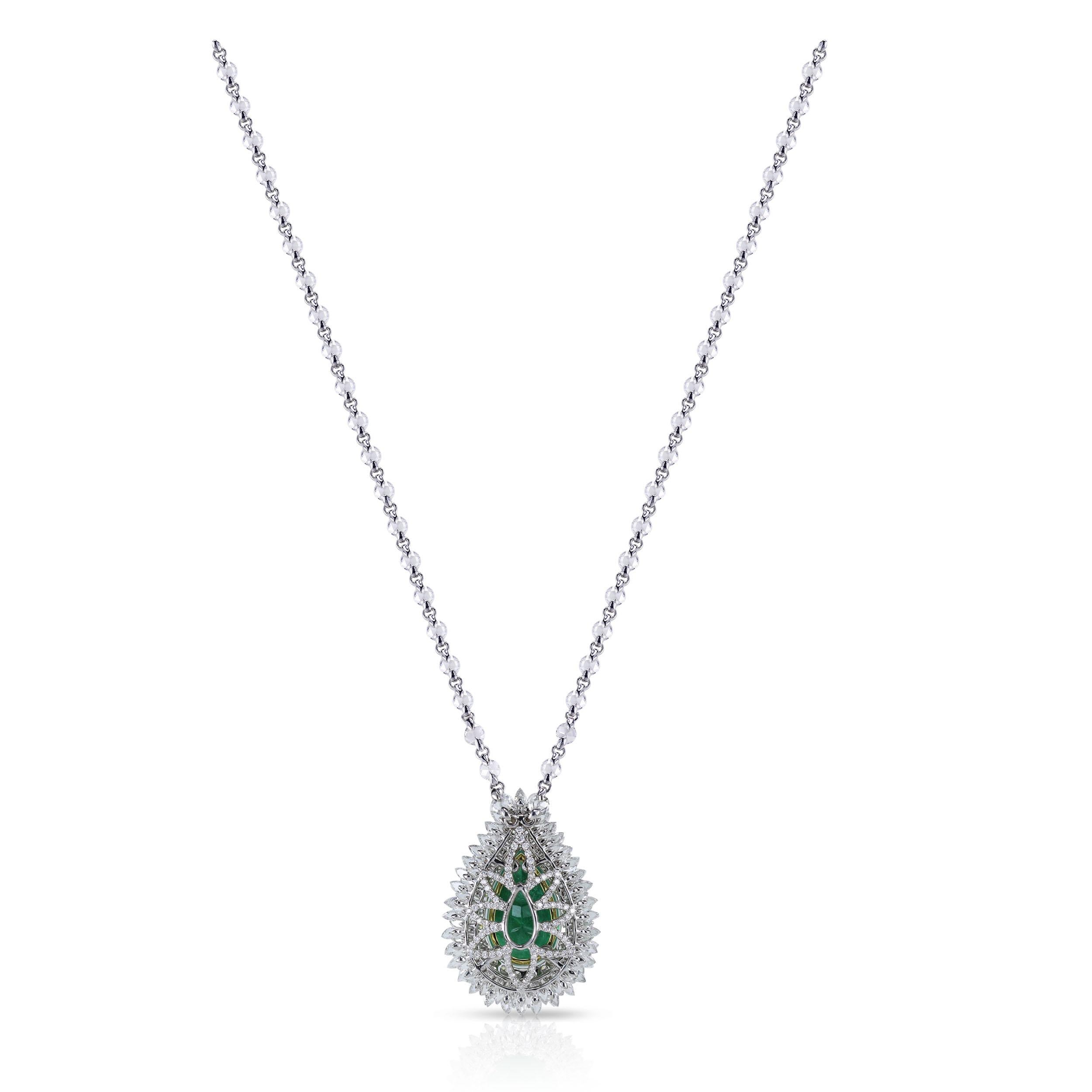 Pear Cut Studio Rêves 18 Karat Gold 7.19 Carat Pear Emeralds and Diamond Drop Necklace
