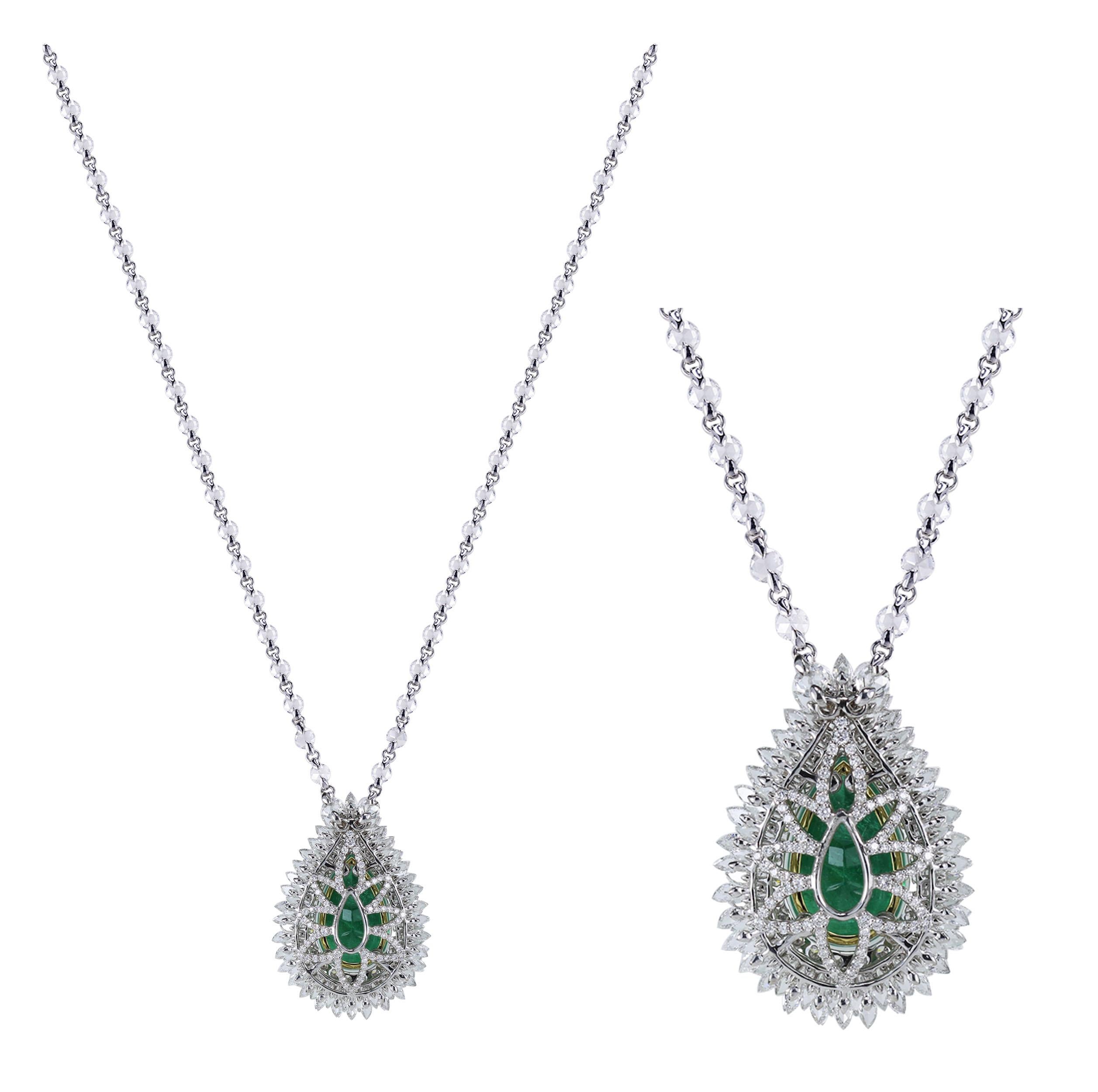 Studio Rêves 18 Karat Gold 7.19 Carat Pear Emeralds and Diamond Drop Necklace In New Condition In Mumbai, Maharashtra