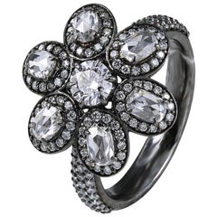 Studio Rêves 18 Karat Gold and Diamonds Floral Ring with Black Rhodium
