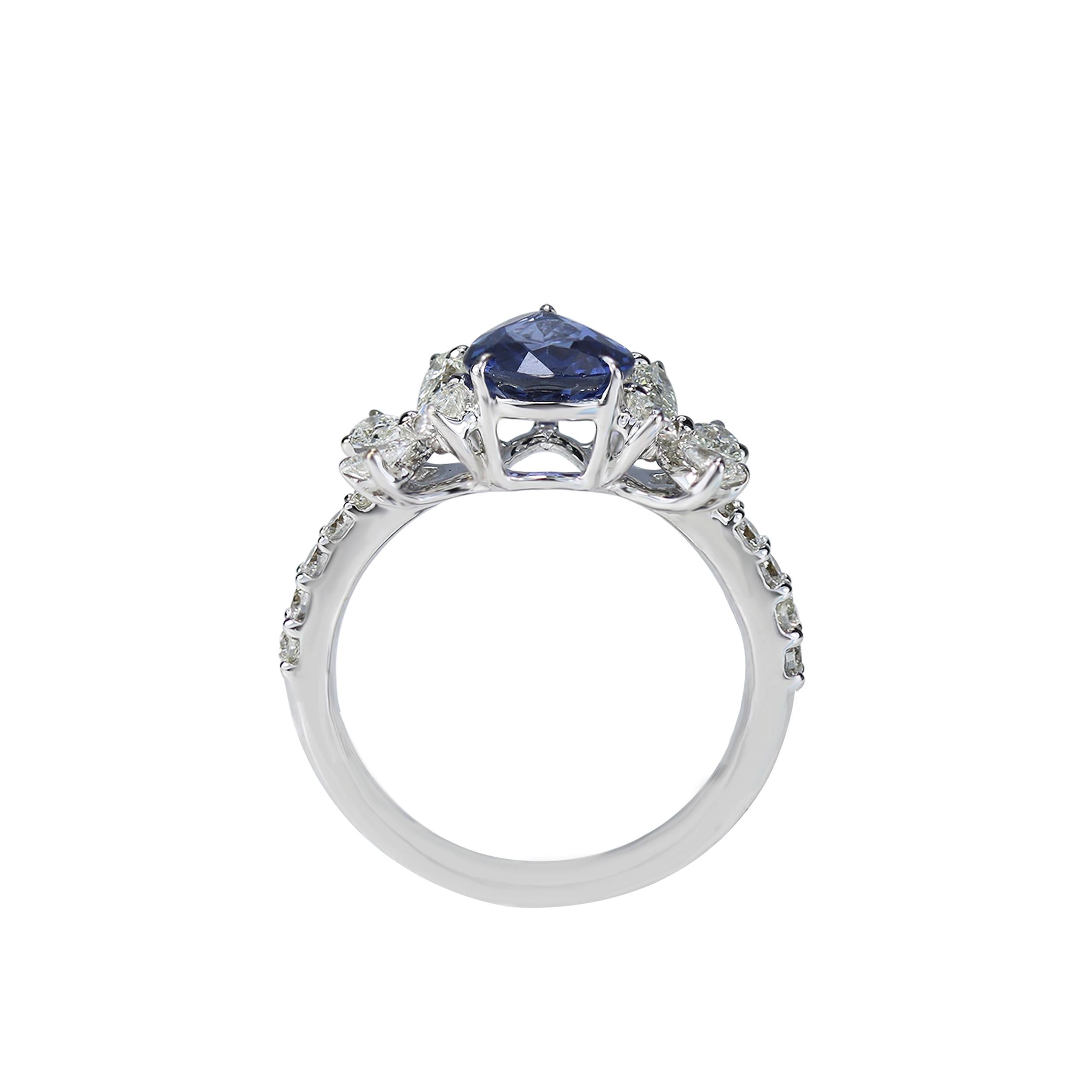 Modern Studio Rêves Blue Sapphire and Diamonds Floral Engagement Ring in 18 Karat Gold