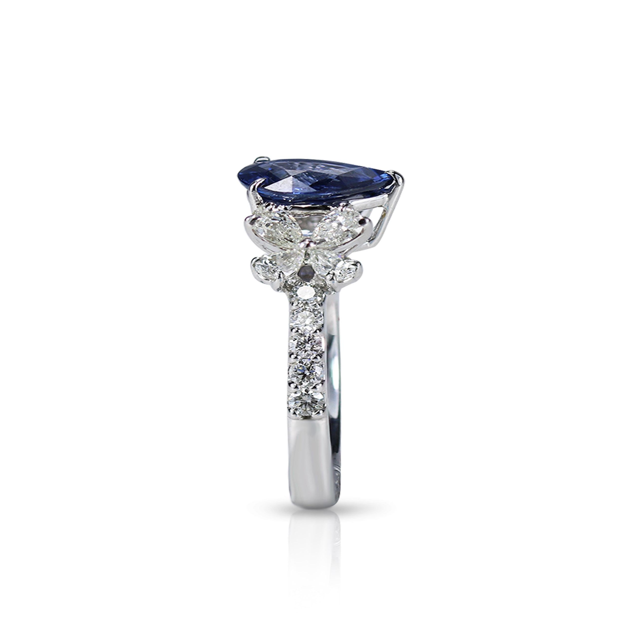 Pear Cut Studio Rêves Blue Sapphire and Diamonds Floral Engagement Ring in 18 Karat Gold