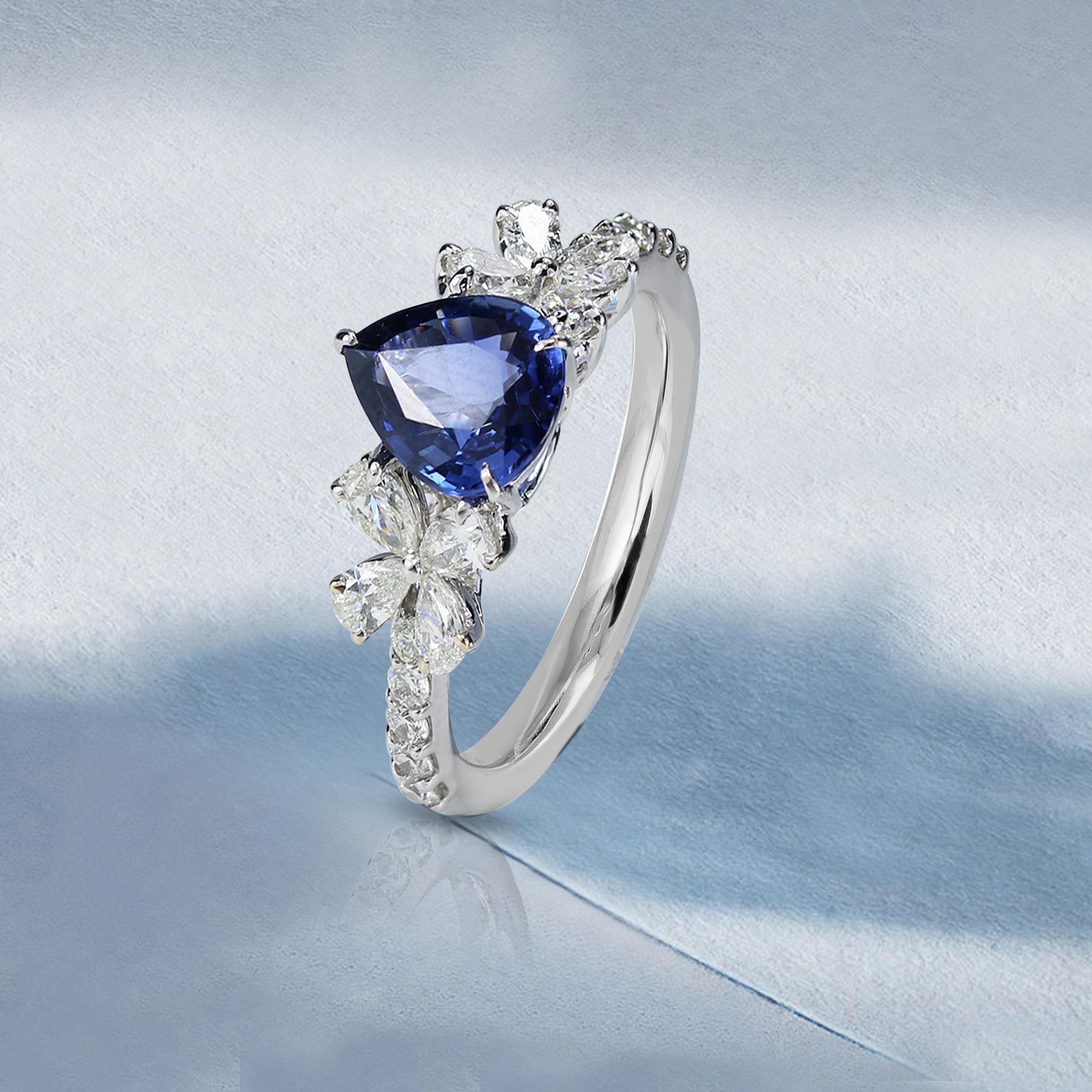 Studio Rêves Blue Sapphire and Diamonds Floral Engagement Ring in 18 Karat Gold 1