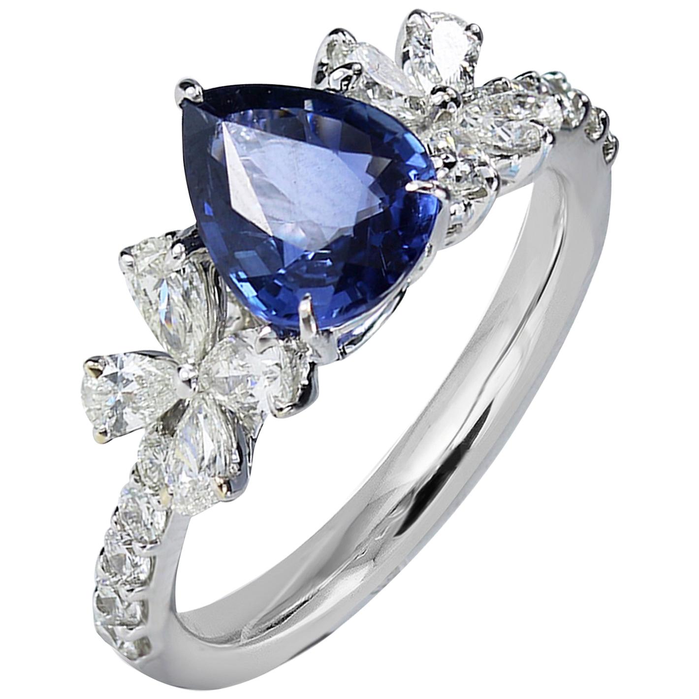 Studio Rêves Blue Sapphire and Diamonds Floral Engagement Ring in 18 Karat Gold