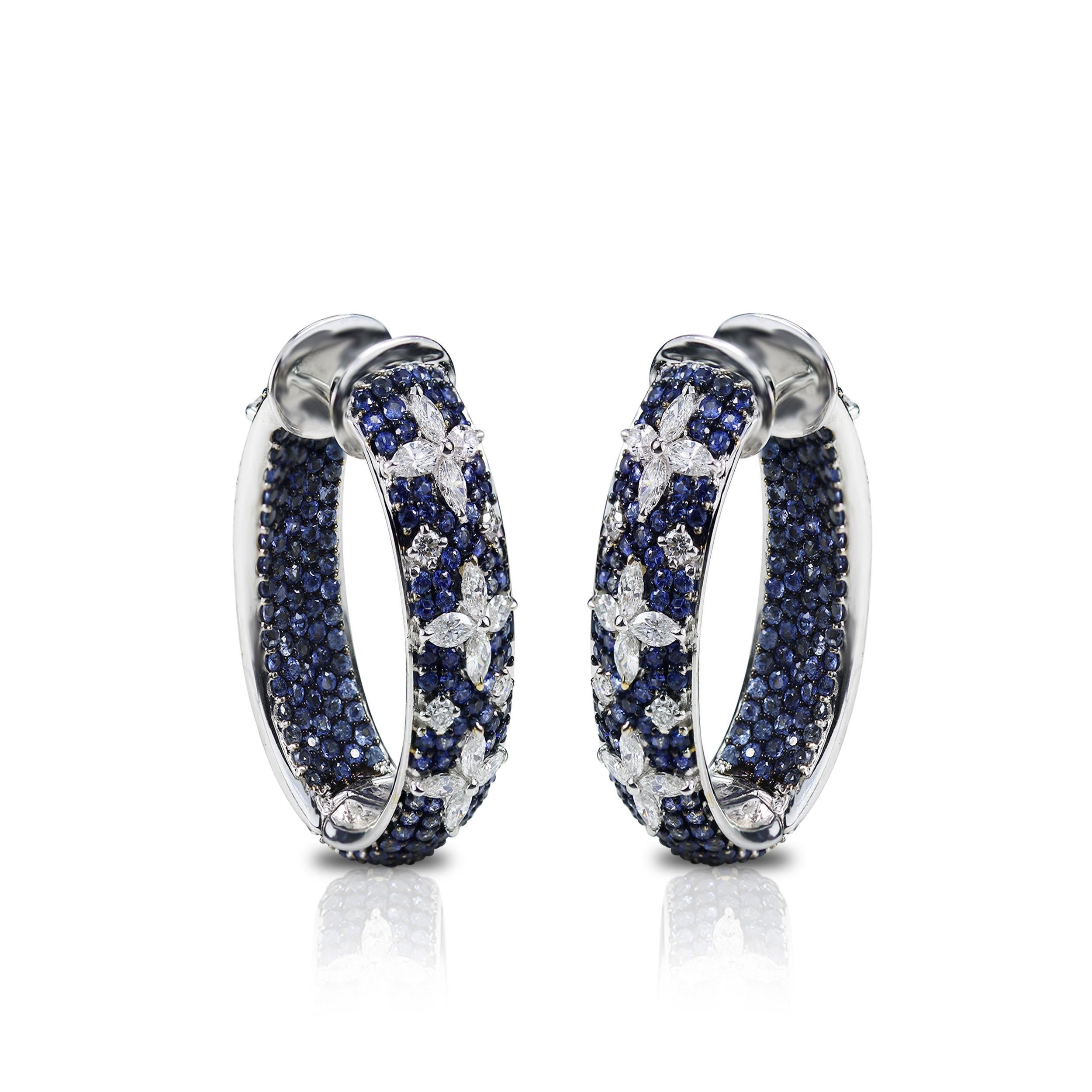 Contemporary Studio Rêves Blue Sapphire and Marquise Hoop Earrings in 18 Karat Gold For Sale