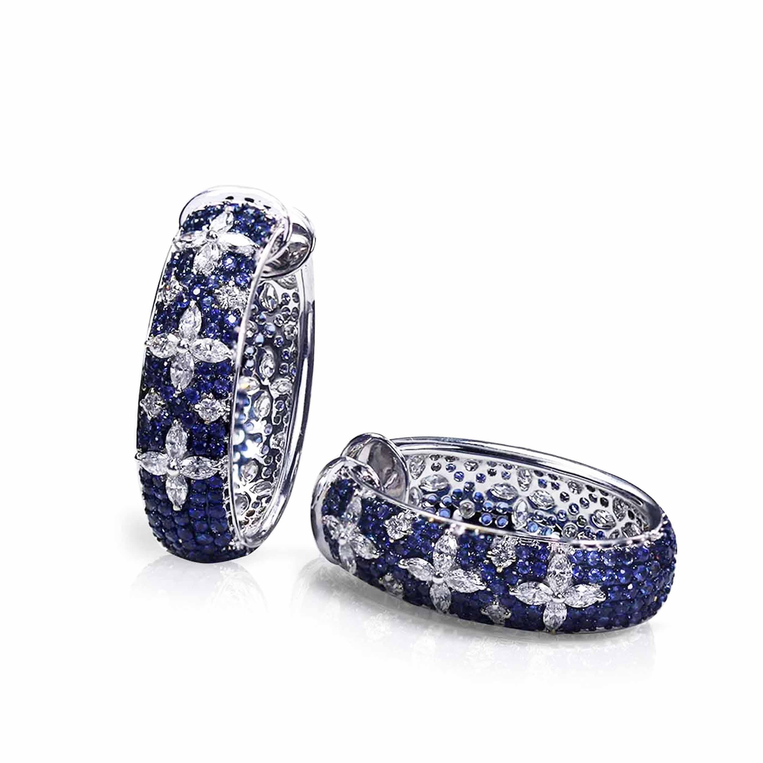 Women's Studio Rêves Blue Sapphire and Marquise Hoop Earrings in 18 Karat Gold For Sale