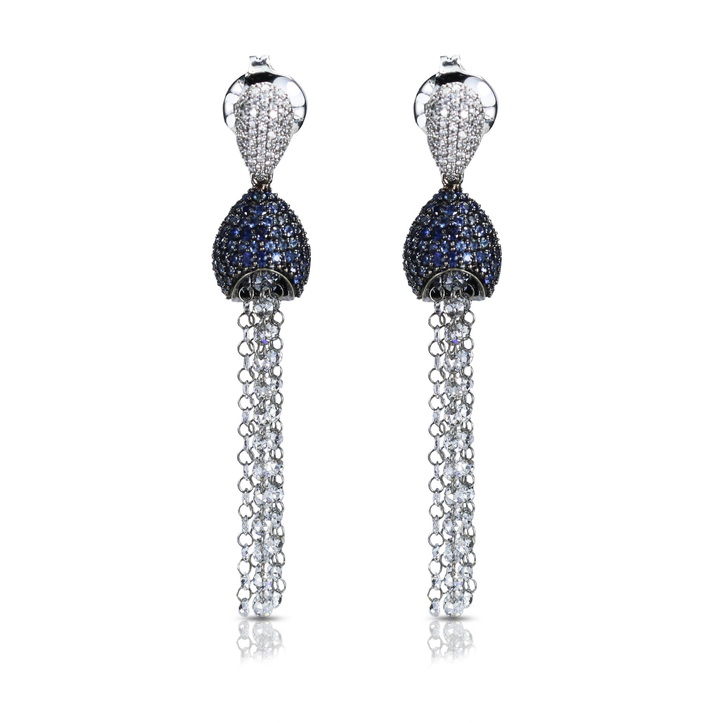 F-G/ VVS-VS-SI brilliant cut and rosecut diamond and blue sapphire danglers

Investing in this heirloom-worthy 18K white gold pair of earrings with F-G/ VVS-VS-SI brilliant cut and rosecut diamonds accentuated by regal blue sapphires will be a