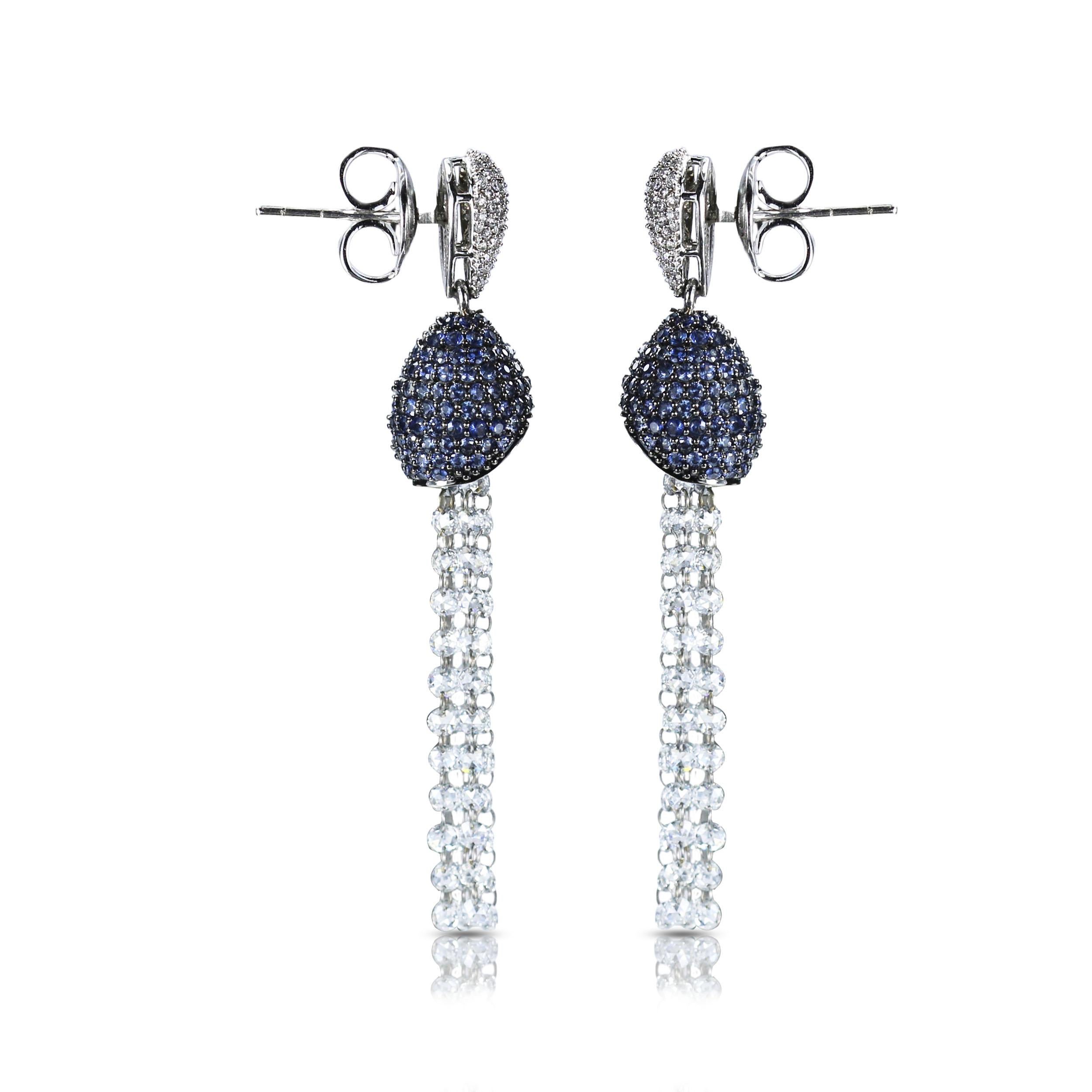 Contemporary Studio Rêves Blue Sapphire and Rose Cut Diamond Dangling Earrings in 18K Gold For Sale