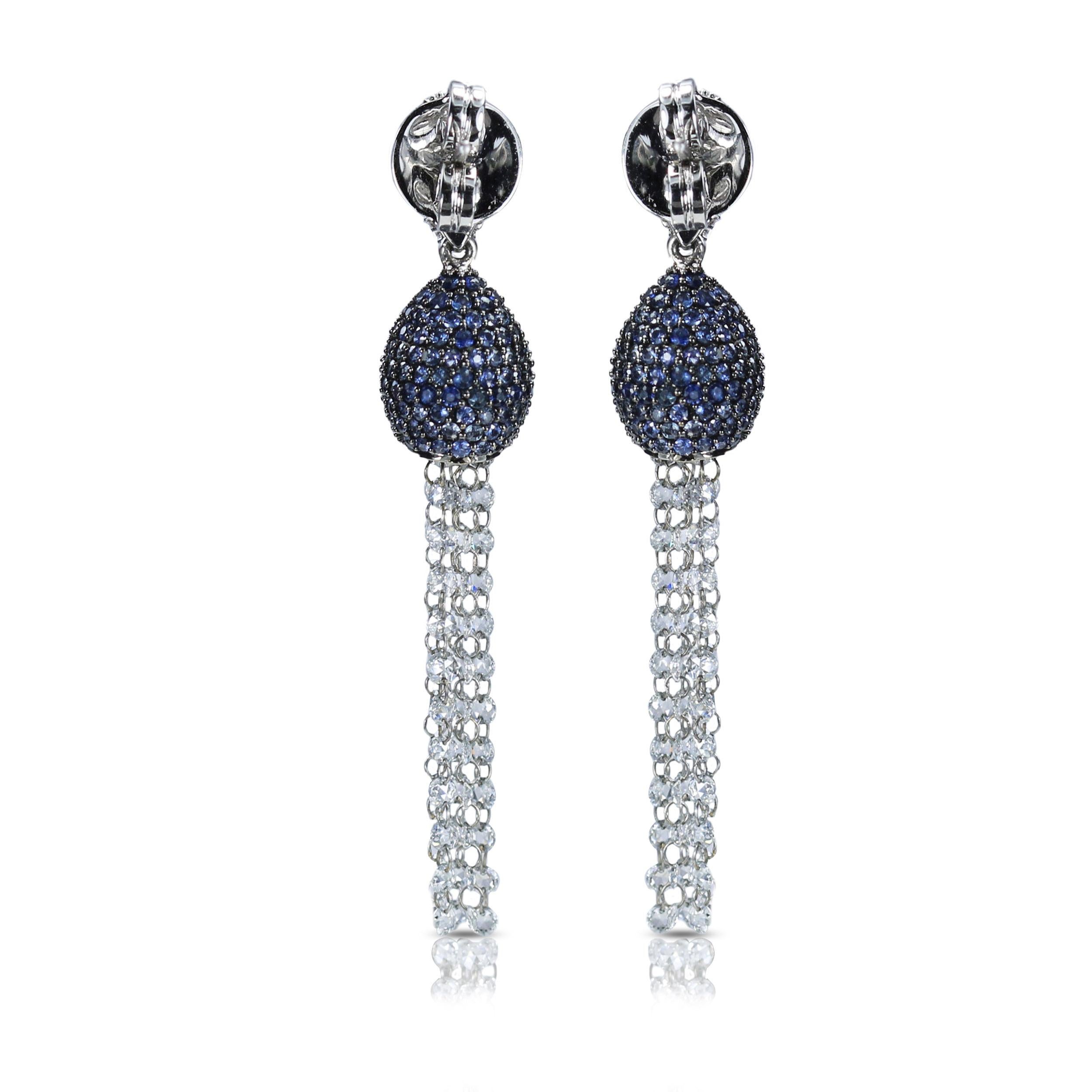 Studio Rêves Blue Sapphire and Rose Cut Diamond Dangling Earrings in 18K Gold In New Condition For Sale In Mumbai, Maharashtra