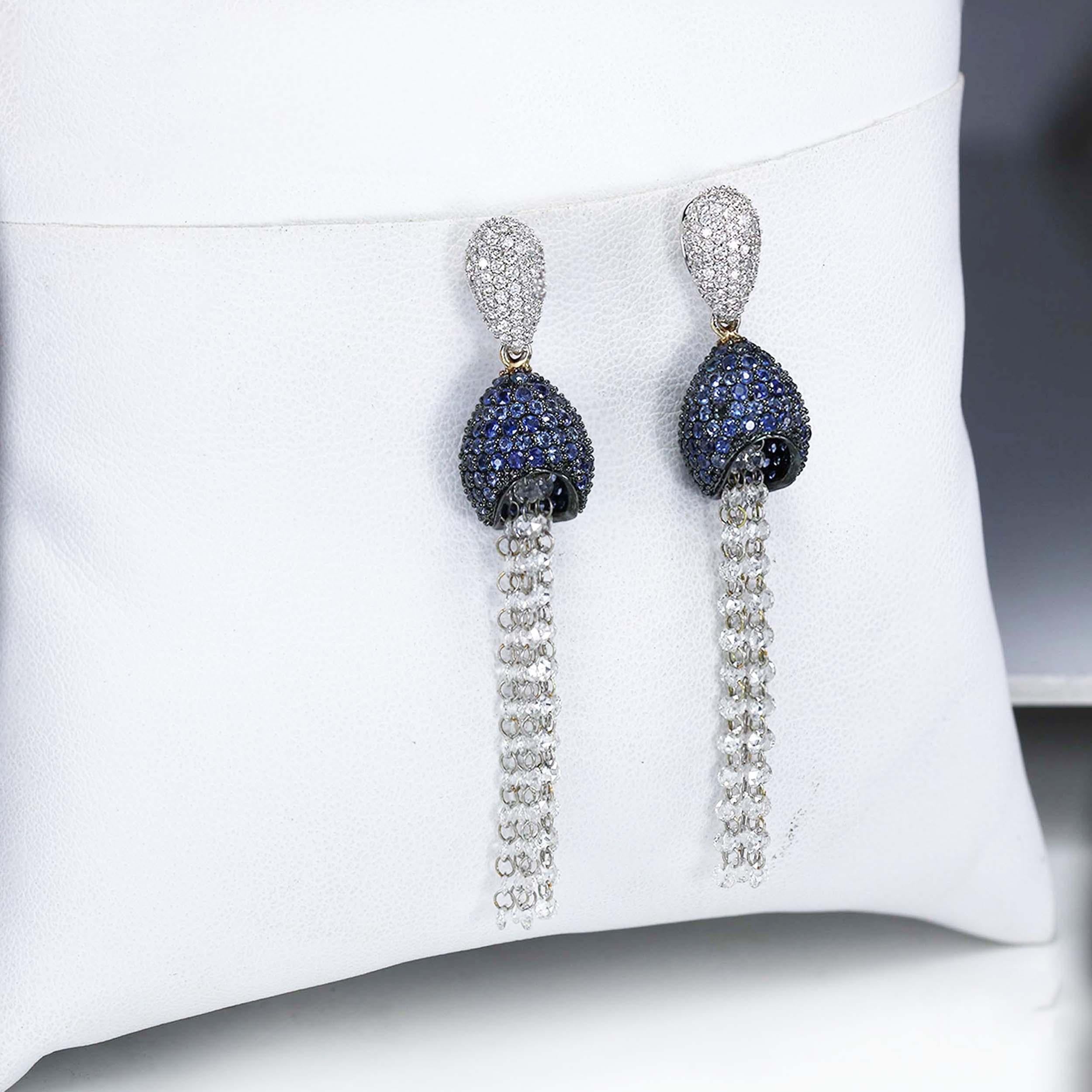 Studio Rêves Blue Sapphire and Rose Cut Diamond Dangling Earrings in 18K Gold For Sale 1