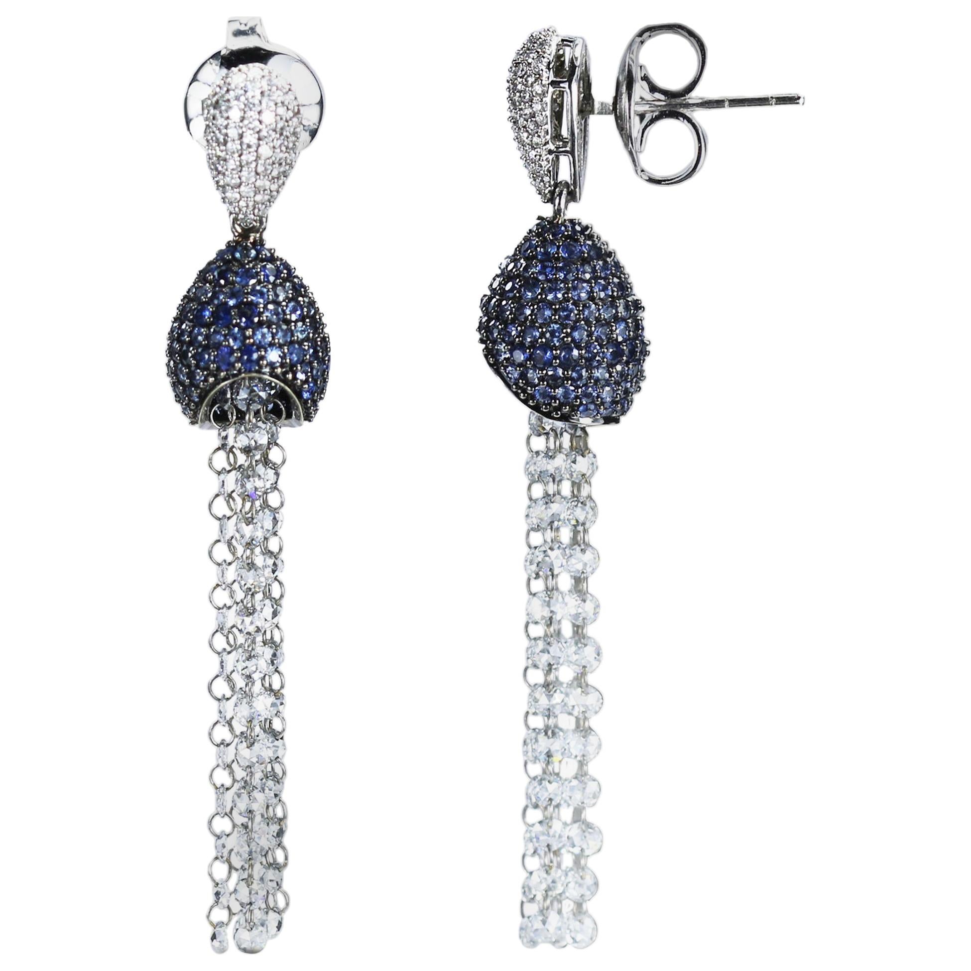 Studio Rêves Blue Sapphire and Rose Cut Diamond Dangling Earrings in 18K Gold For Sale