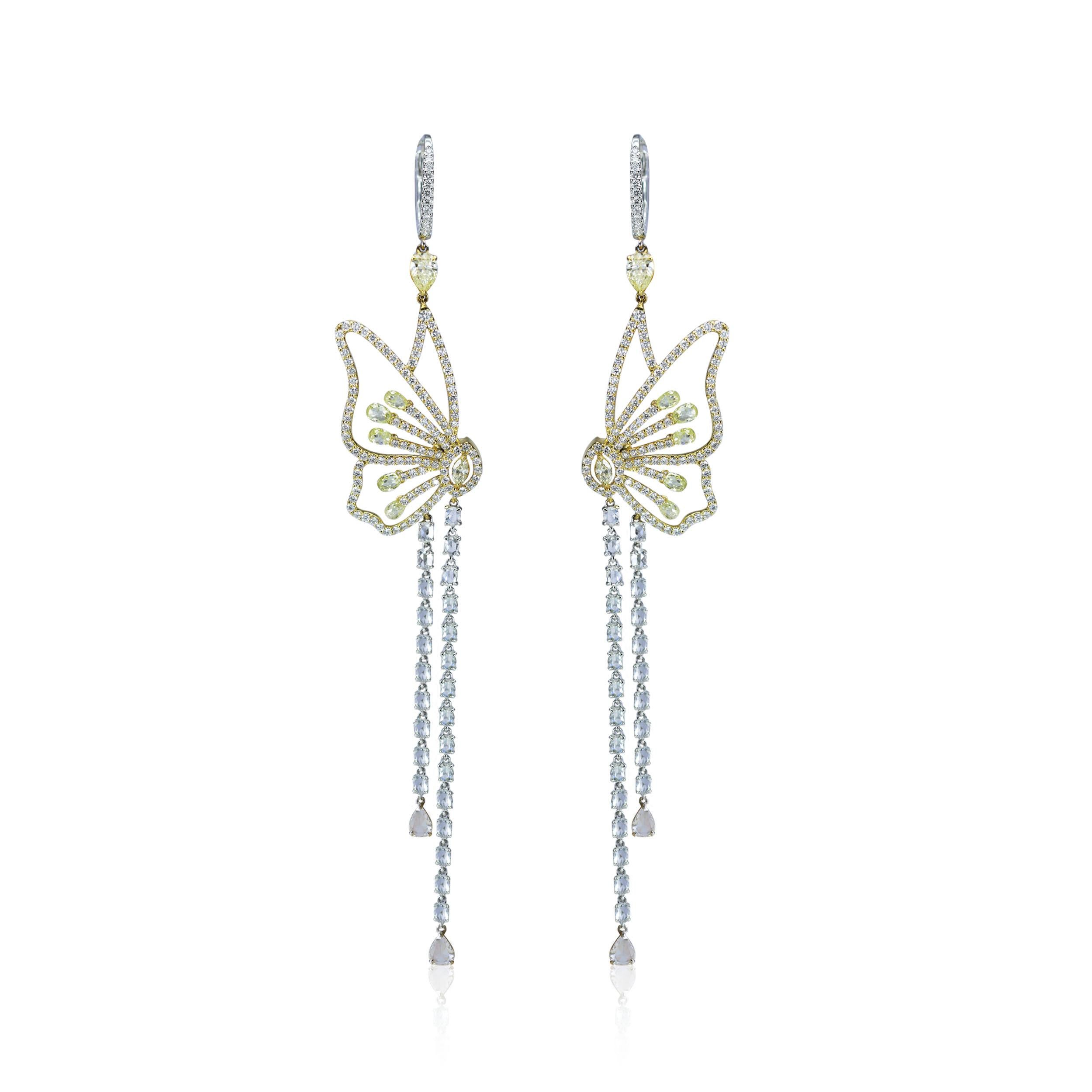 Rose Cut Studio Rêves Butterfly Dangling Earrings in 18 Karat Gold For Sale