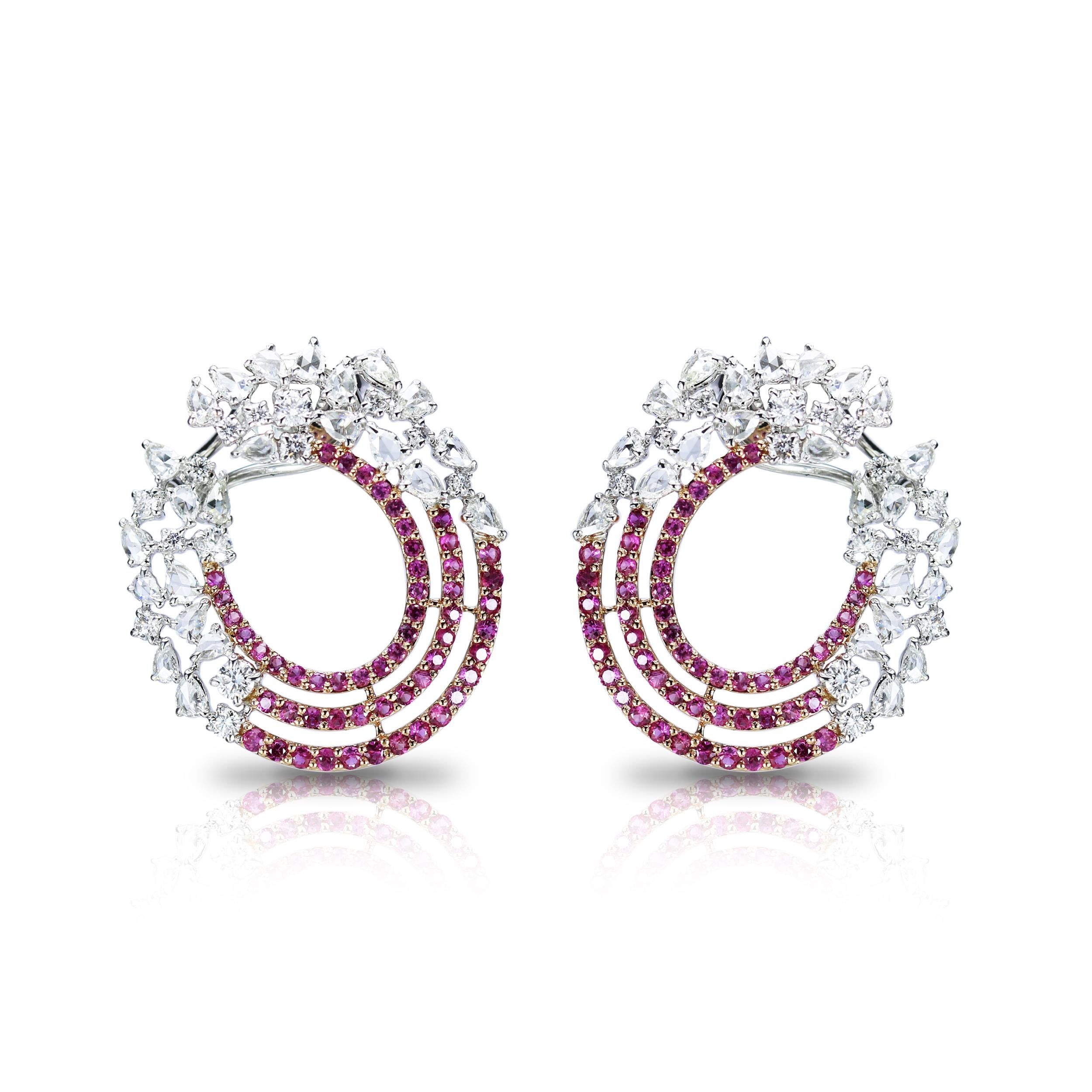 Modern Studio Rêves Diamond and Pink Sapphire Earrings in 18 Karat Gold For Sale