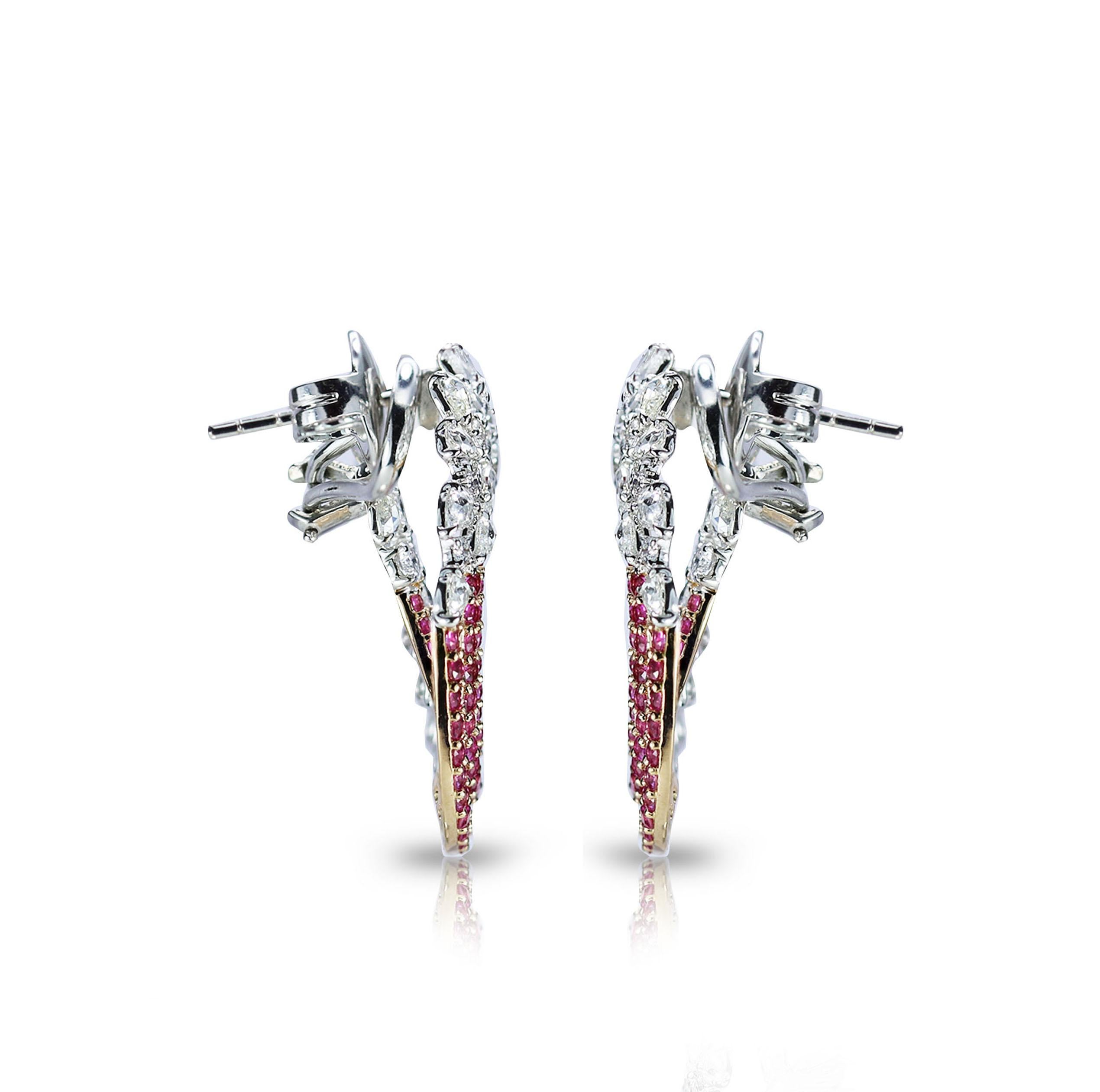Rose Cut Studio Rêves Diamond and Pink Sapphire Earrings in 18 Karat Gold For Sale