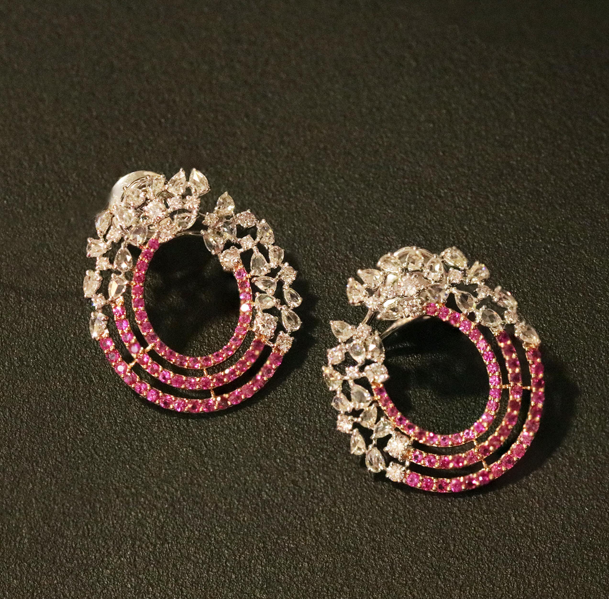 Women's Studio Rêves Diamond and Pink Sapphire Earrings in 18 Karat Gold For Sale