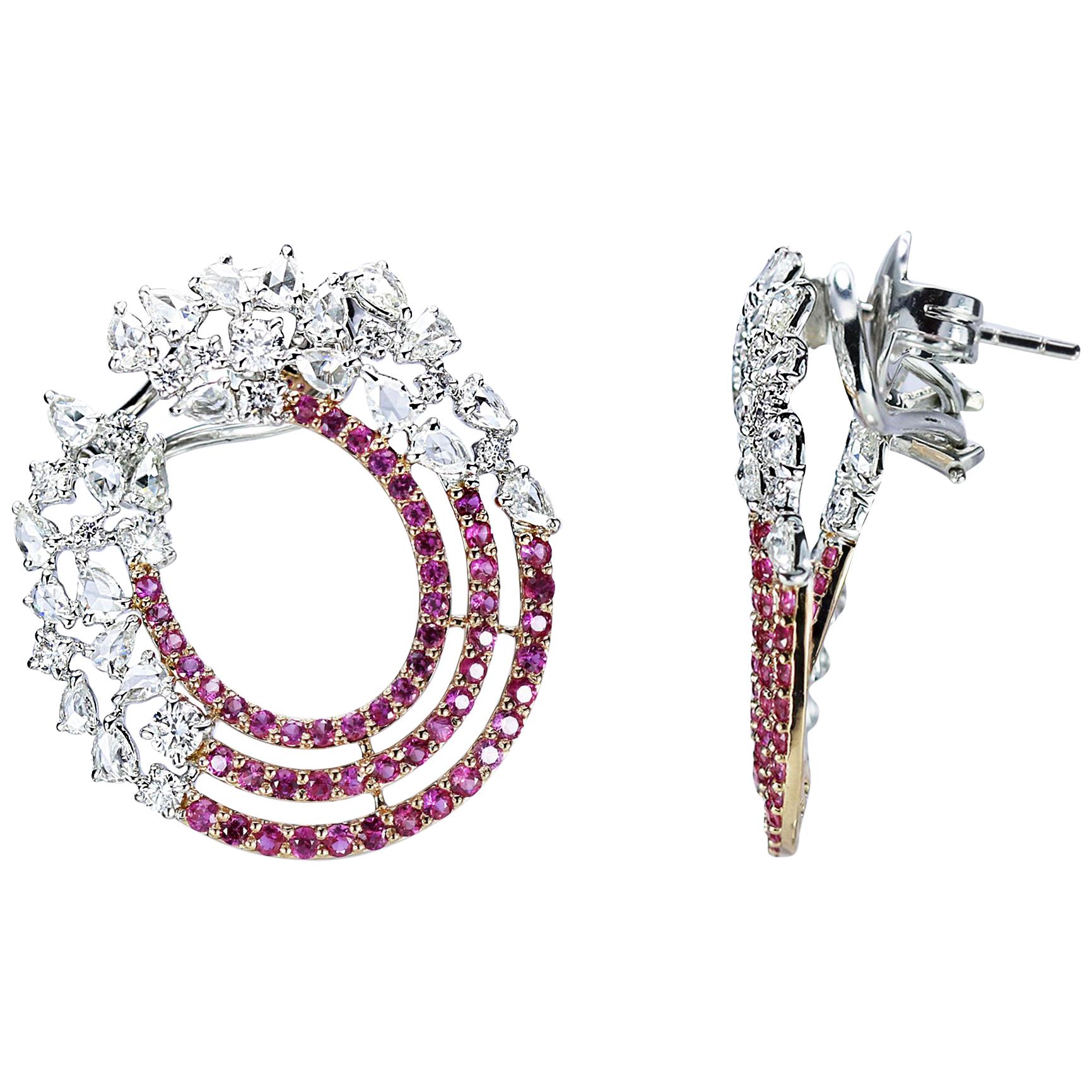 Studio Rêves Diamond and Pink Sapphire Earrings in 18 Karat Gold For Sale