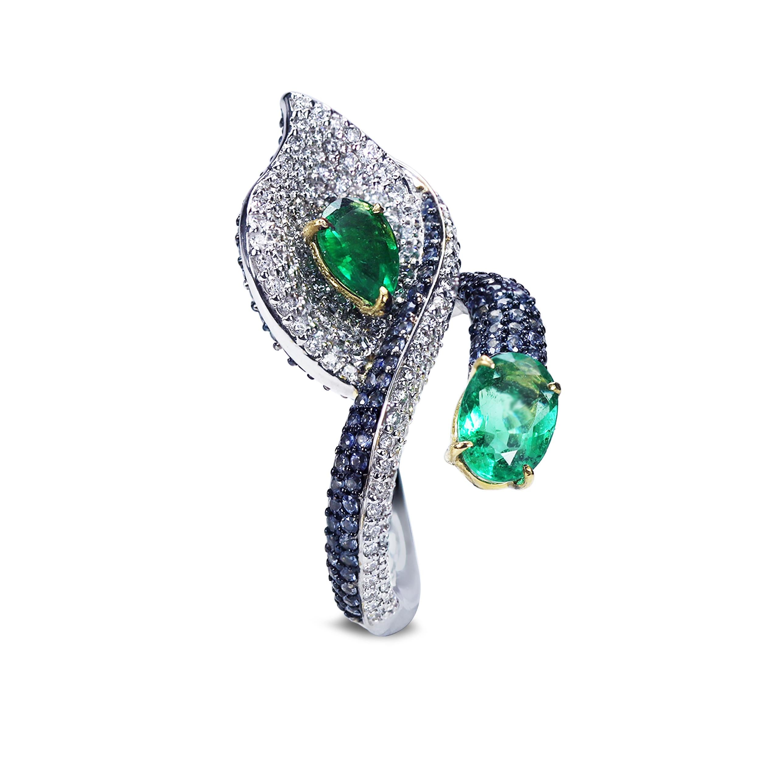 Modern Studio Rêves 18 Karat Gold, Diamond Emerald and Blue Sapphire Leaf Cocktail Ring