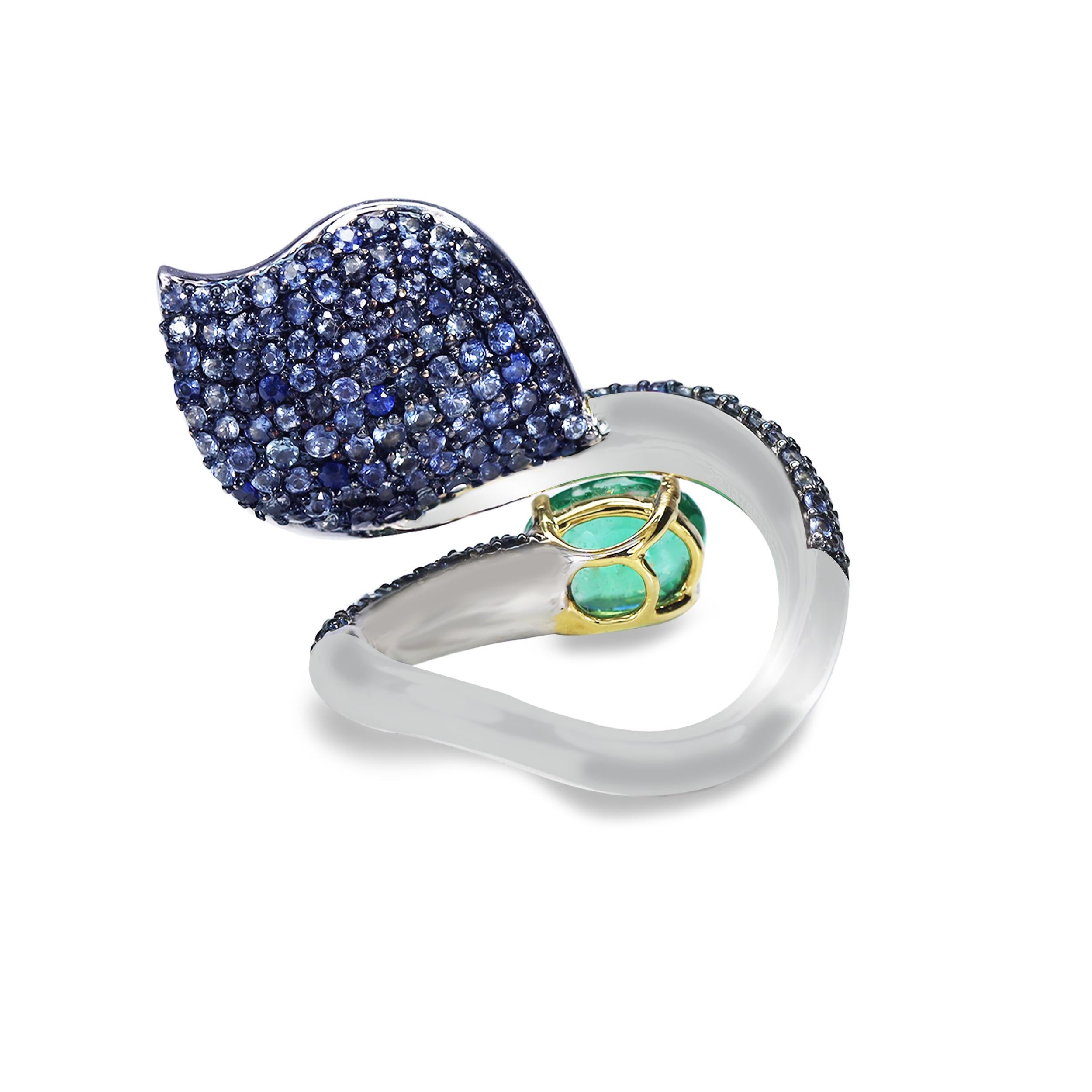 Round Cut Studio Rêves 18 Karat Gold, Diamond Emerald and Blue Sapphire Leaf Cocktail Ring