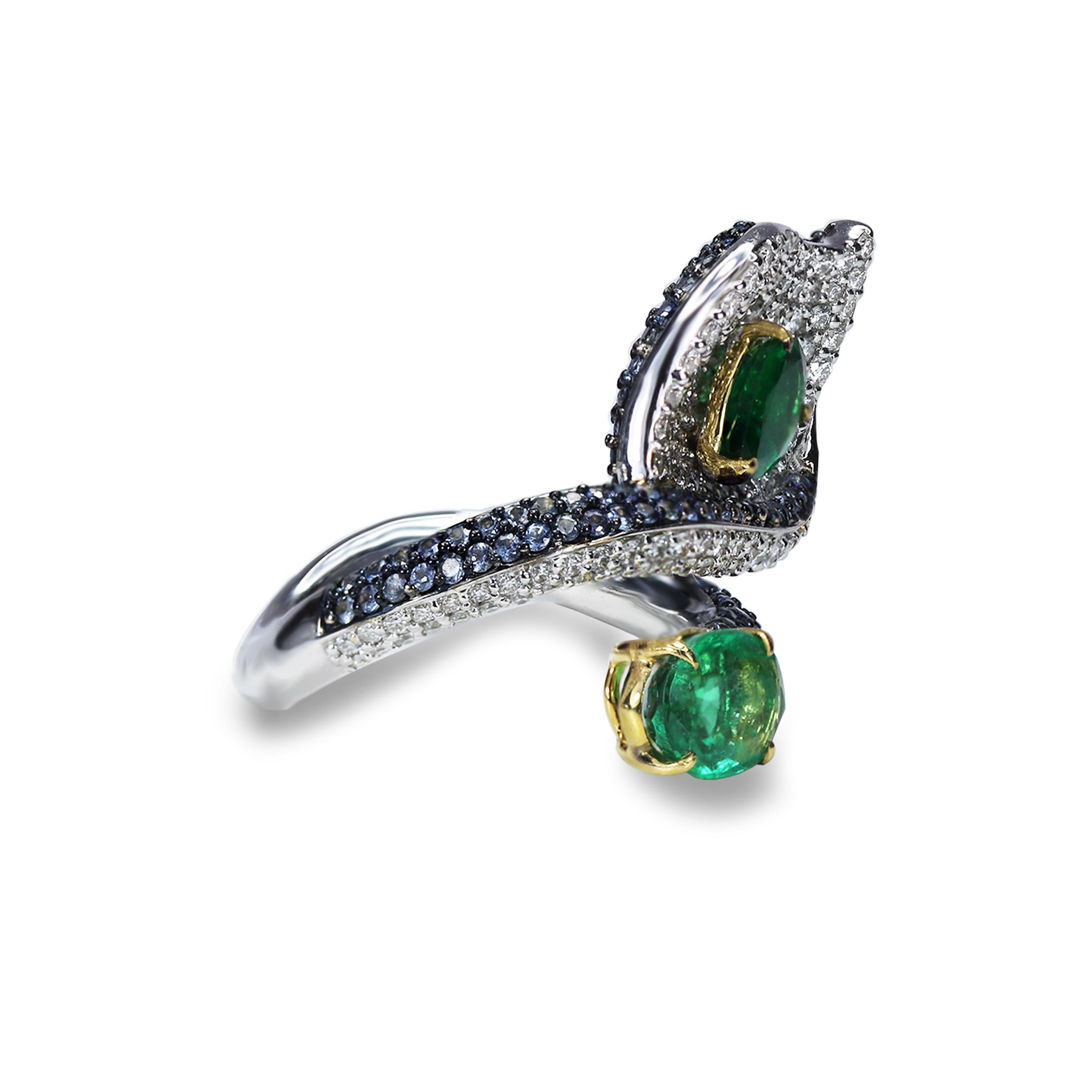 Studio Rêves 18 Karat Gold, Diamond Emerald and Blue Sapphire Leaf Cocktail Ring In New Condition In Mumbai, Maharashtra