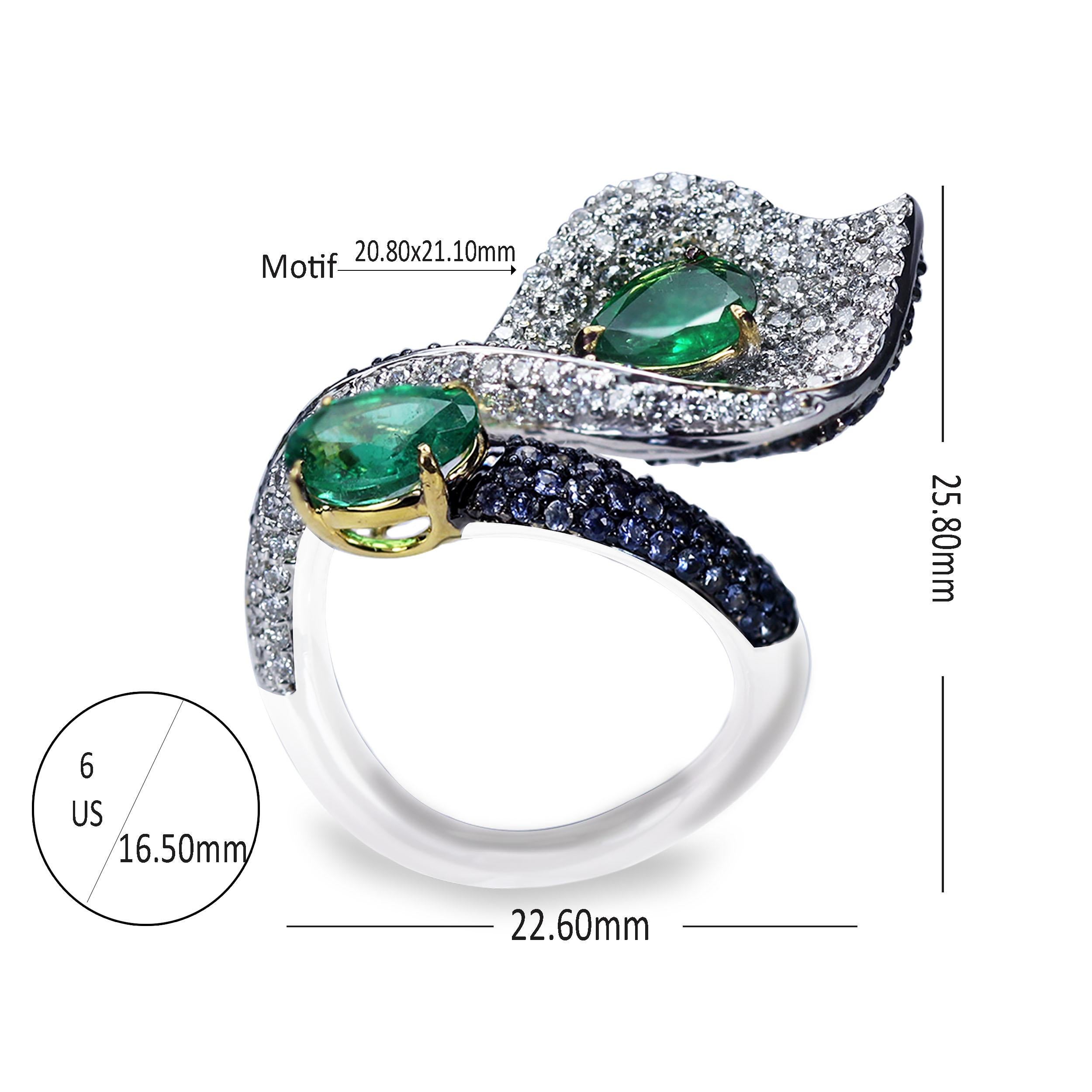 Women's Studio Rêves 18 Karat Gold, Diamond Emerald and Blue Sapphire Leaf Cocktail Ring