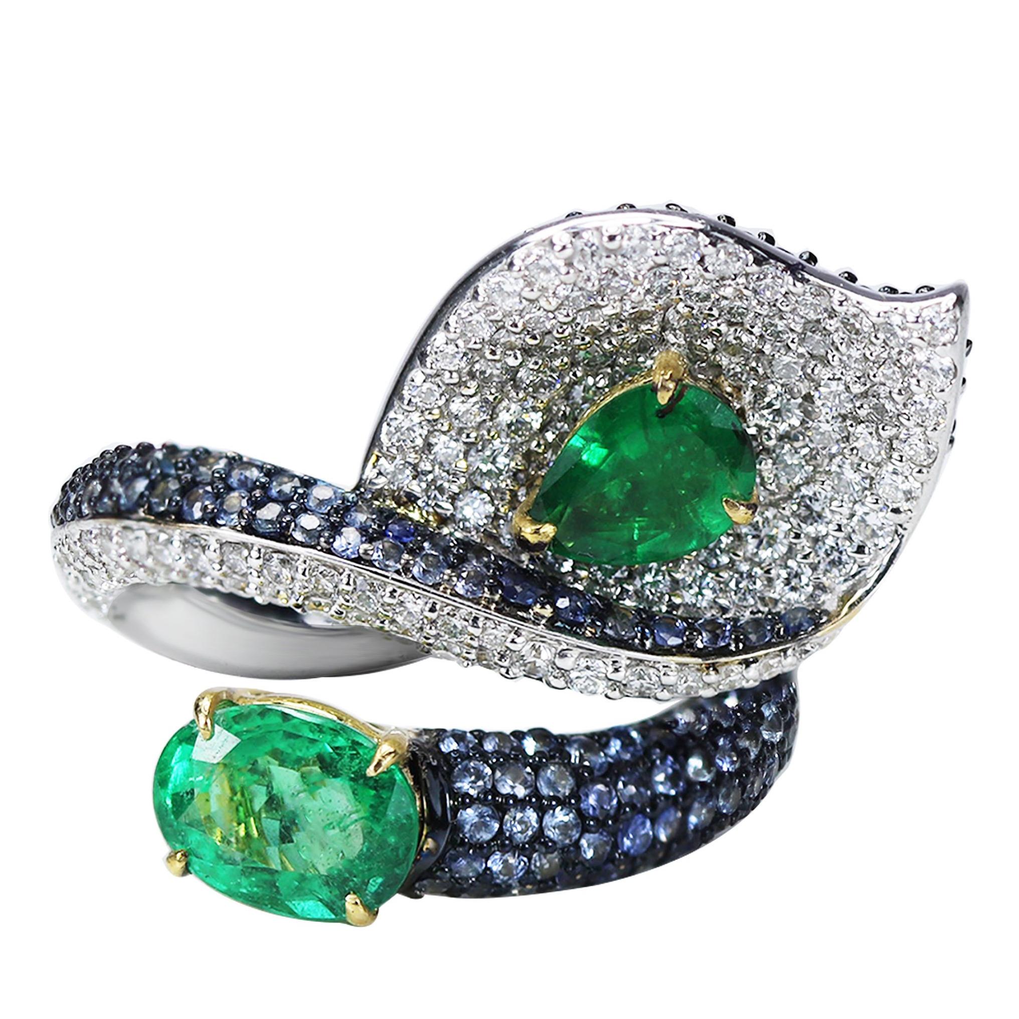 Studio Rêves 18 Karat Gold, Diamond Emerald and Blue Sapphire Leaf Cocktail Ring
