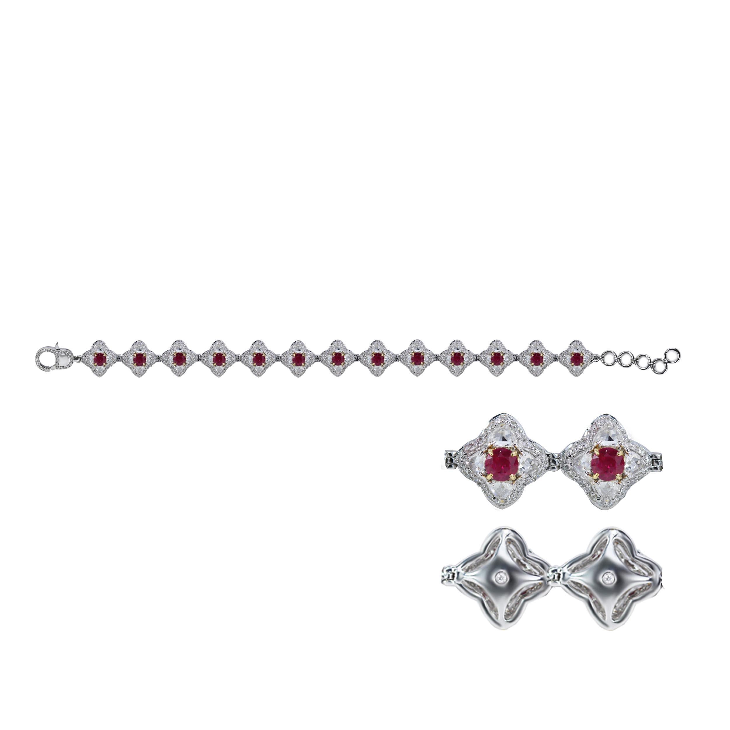 Modern Studio Rêves Diamonds and Ruby Tennis Bracelet in 18 Karat Gold For Sale