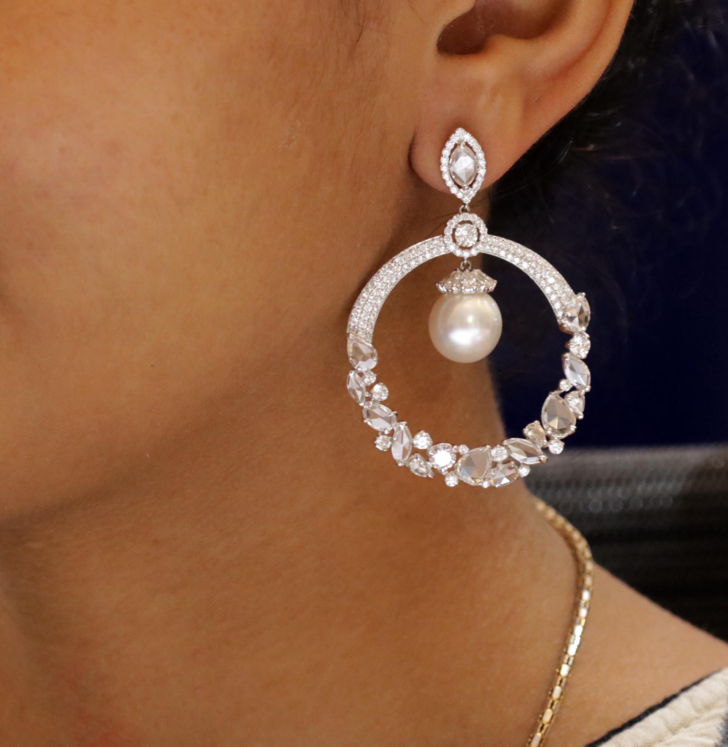 Studio Rêves Diamonds and South Sea Pearls Dangling Earrings in 18 Karat Gold For Sale 1