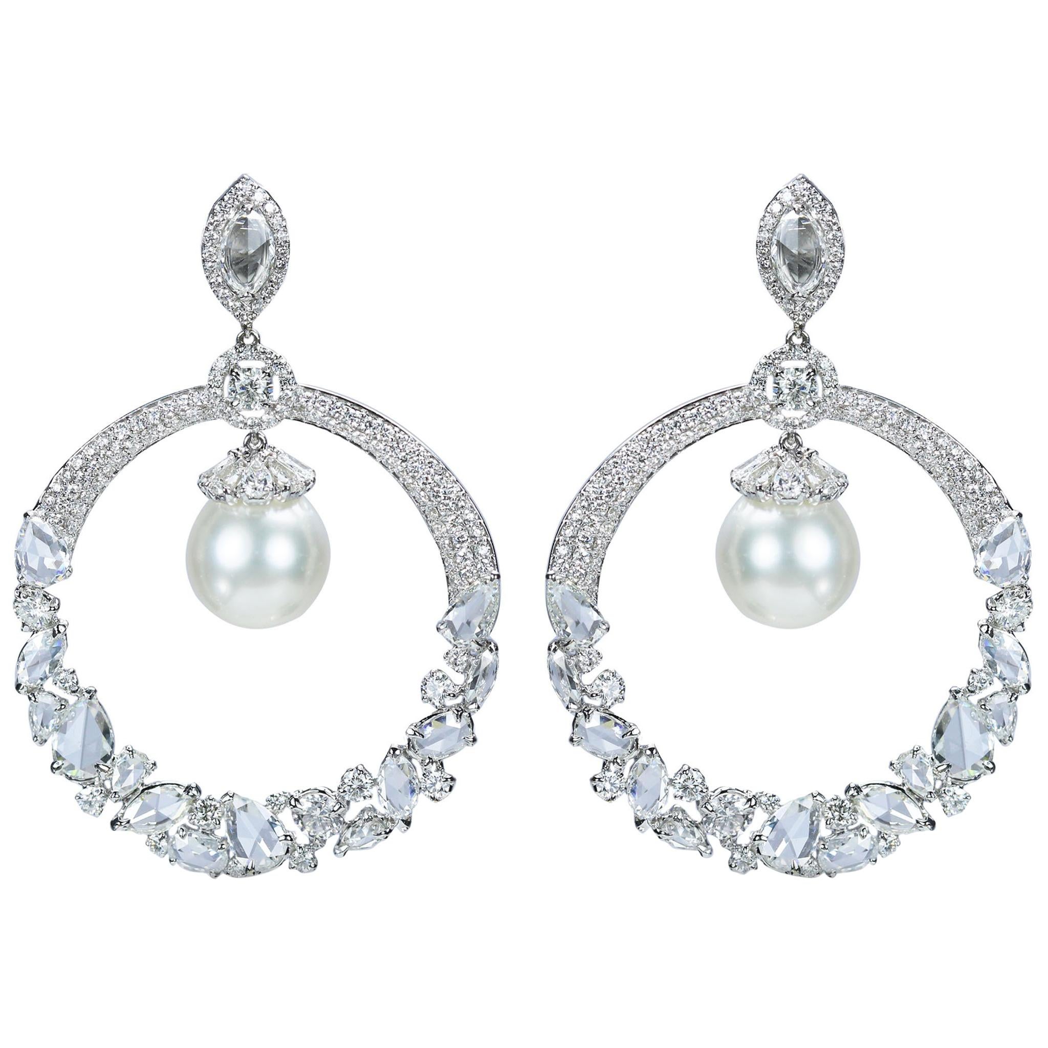 Studio Rêves Diamonds and South Sea Pearls Dangling Earrings in 18 Karat Gold For Sale