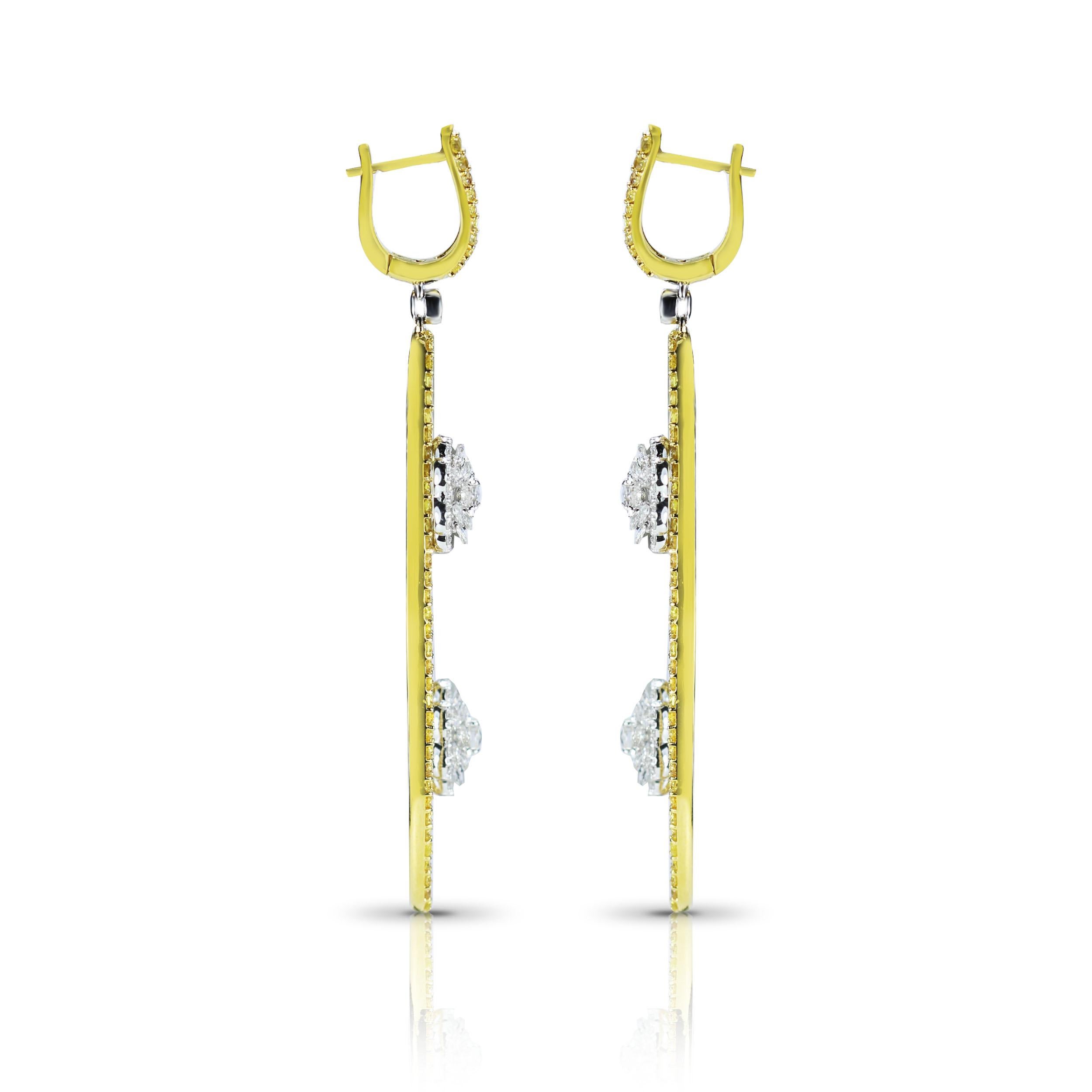 Art Deco Studio Rêves Diamonds and Yellow Sapphire Oval Dangling Earrings in 18K Gold For Sale
