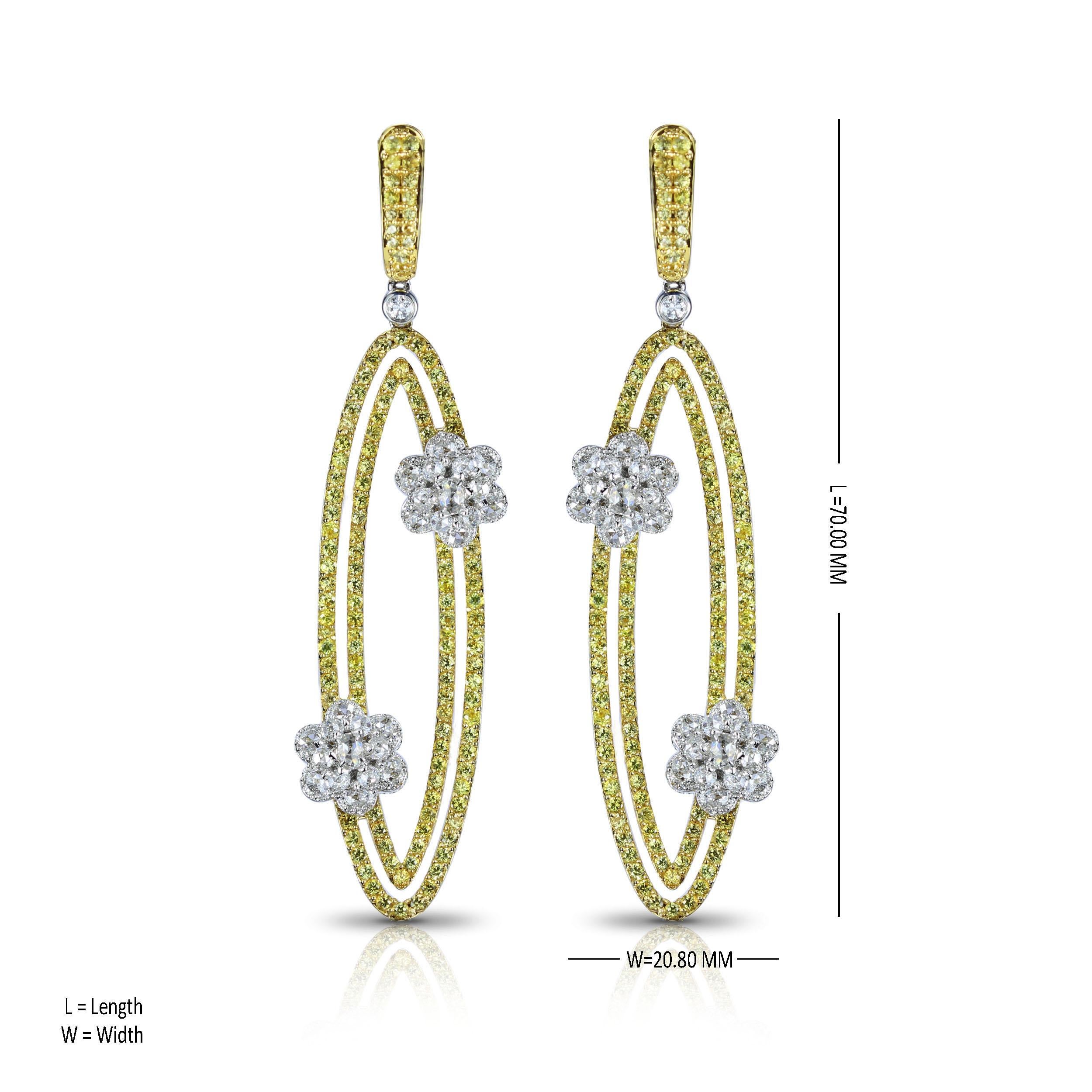 Studio Rêves Diamonds and Yellow Sapphire Oval Dangling Earrings in 18K Gold In New Condition For Sale In Mumbai, Maharashtra