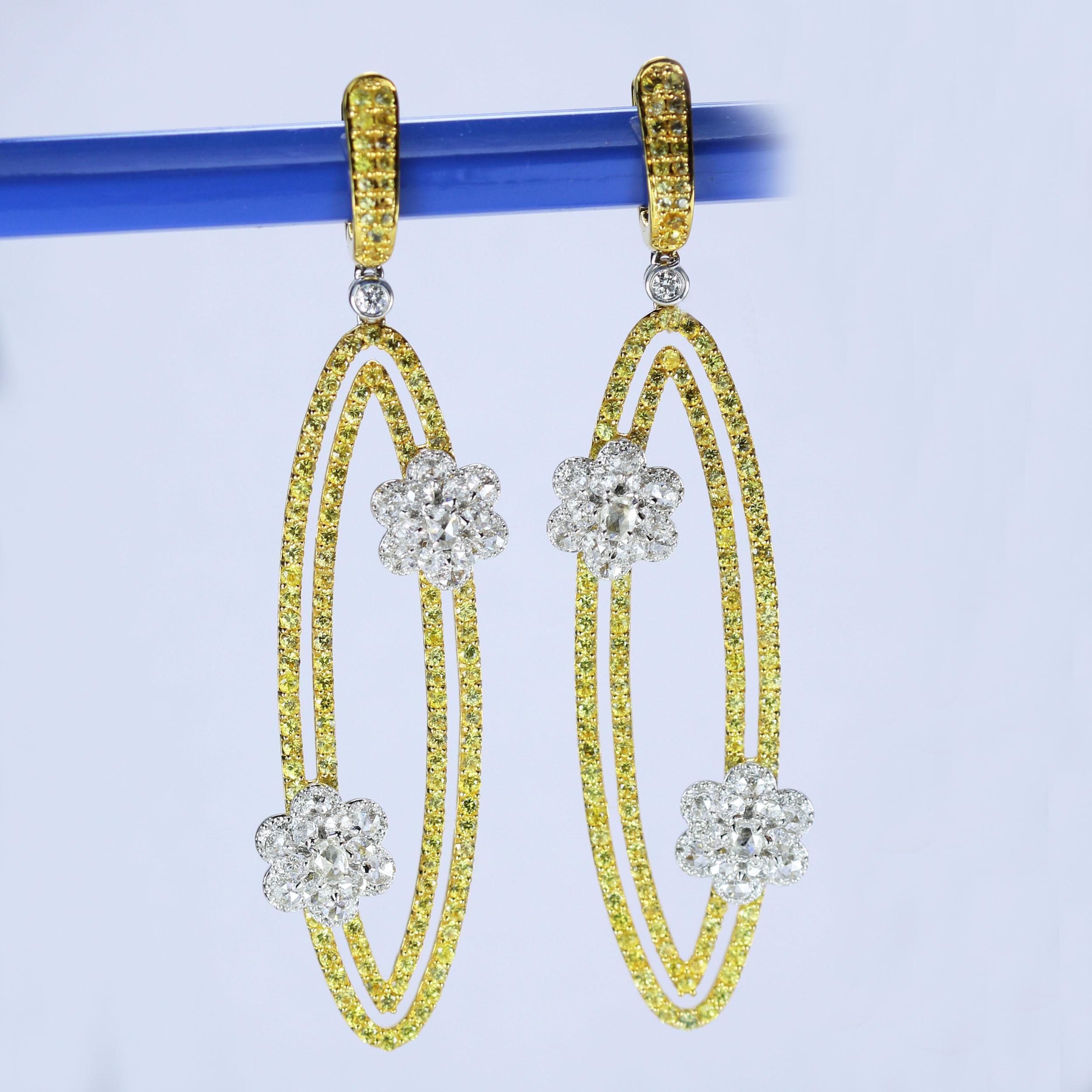 Women's Studio Rêves Diamonds and Yellow Sapphire Oval Dangling Earrings in 18K Gold For Sale