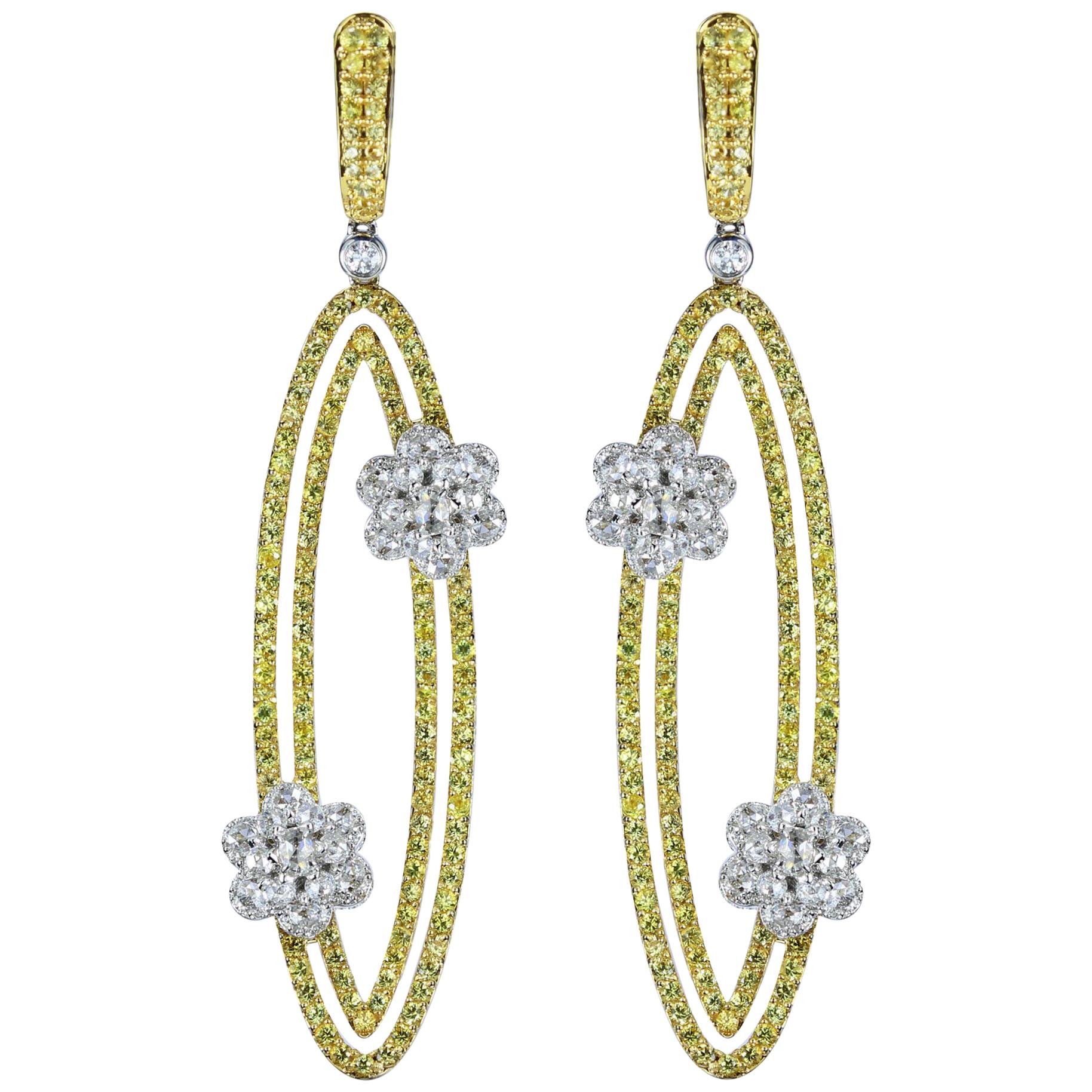Studio Rêves Diamonds and Yellow Sapphire Oval Dangling Earrings in 18K Gold For Sale