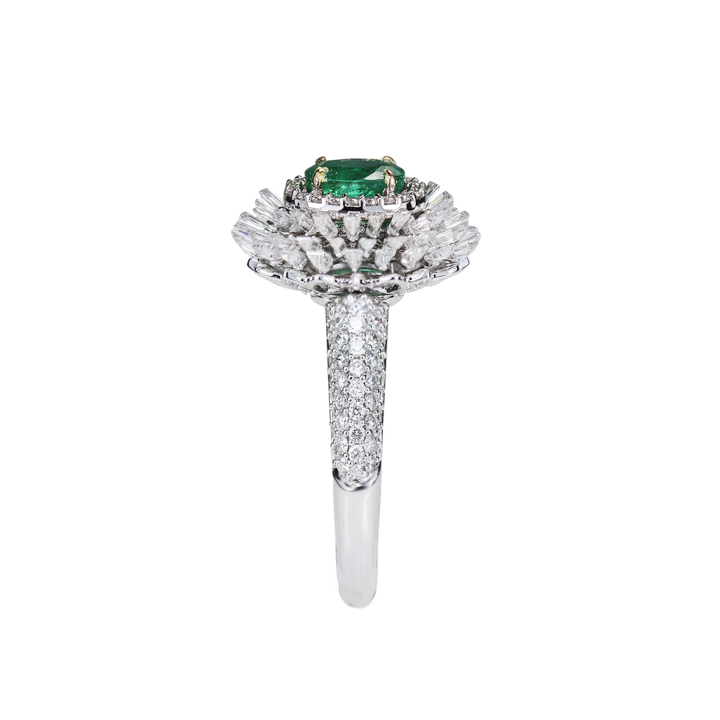 Art Deco Studio Rêves Emerald and Baguette Diamonds Ring in 18 Karat Gold