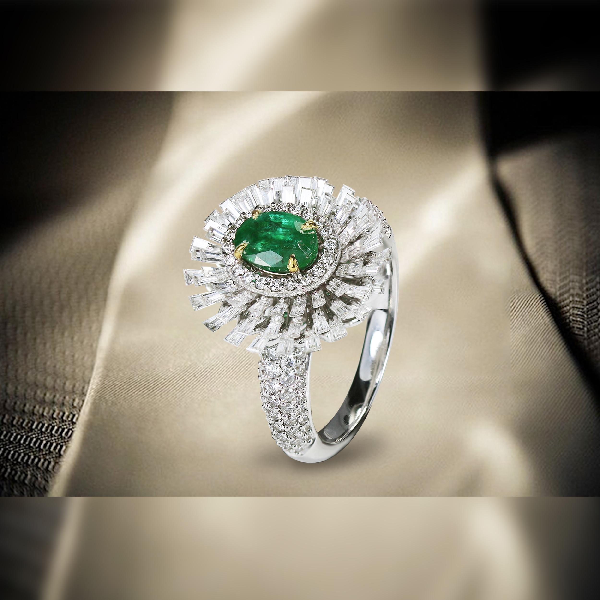 Women's Studio Rêves Emerald and Baguette Diamonds Ring in 18 Karat Gold